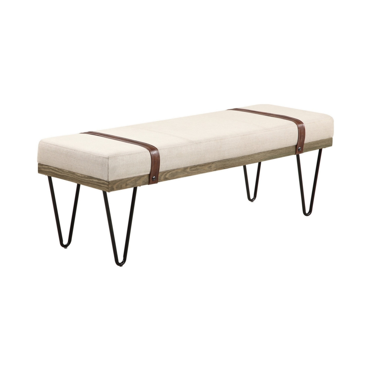 47 Inch Accent Bench, Faux Leather Straps, Black Hairpin Legs, Beige Fabric- Saltoro Sherpi