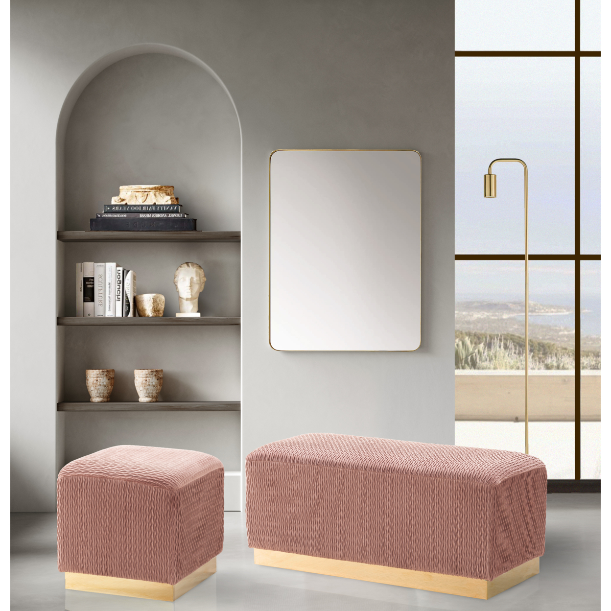 Chic Home Schell Ottoman Textured Velvet Upholstery Smooth Gold Tone Square Metal Base - Blush