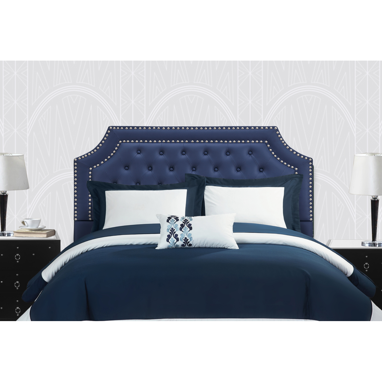 Chic Home Mahlon Headboard PU Leather Upholstered Button Tufted Double Row Silver Nailhead Trim - Navy, Twin