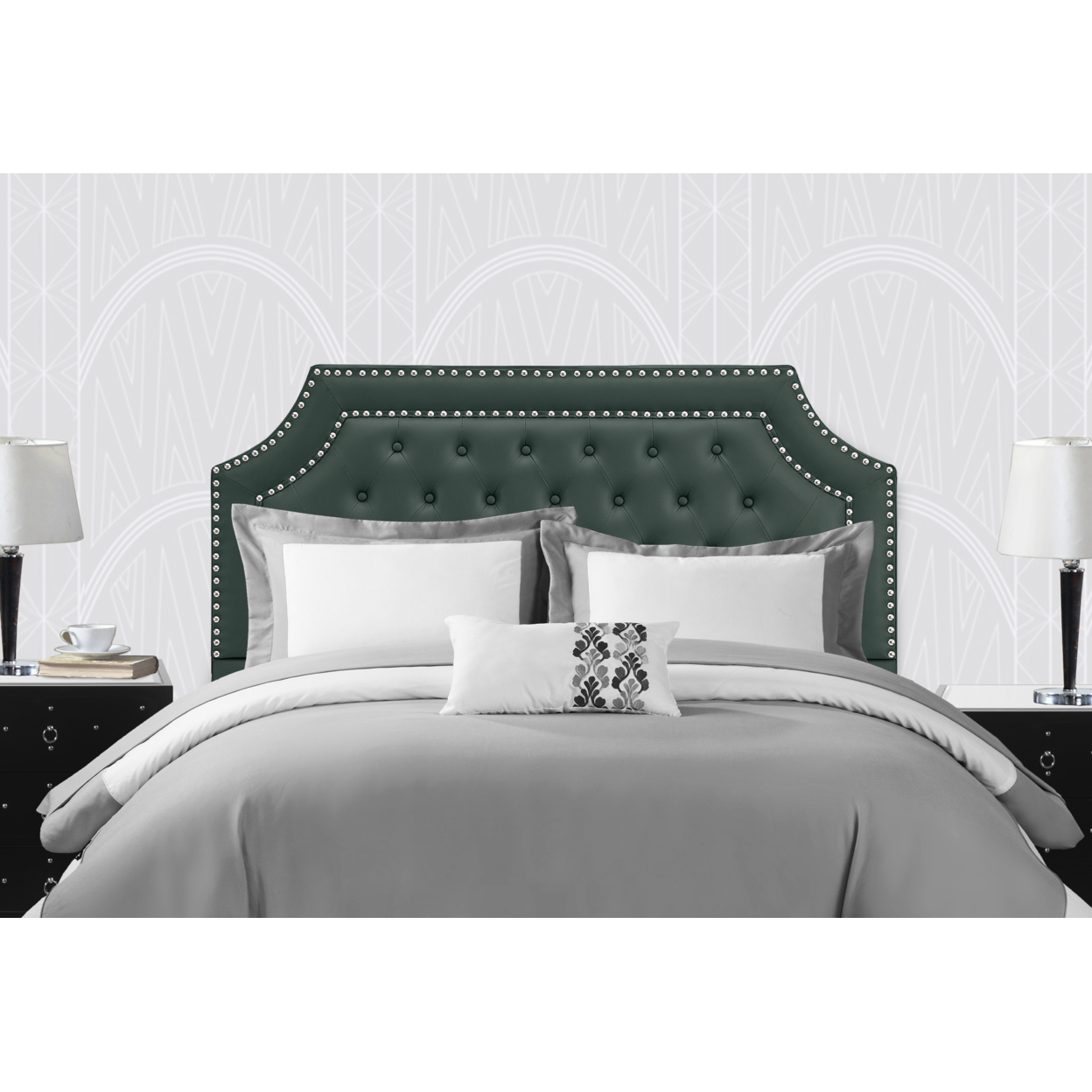Chic Home Mahlon Headboard PU Leather Upholstered Button Tufted Double Row Silver Nailhead Trim - Green, Twin