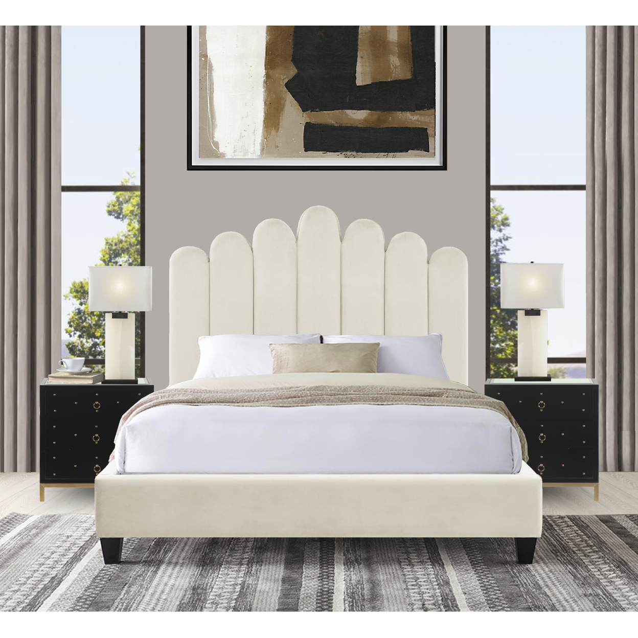 Iconic Home Brynn Platform Bed Frame With Headboard Velvet Upholstered Vertical Channel Quilted - Beige, King