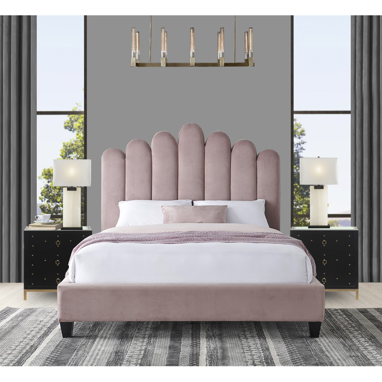 Iconic Home Brynn Platform Bed Frame With Headboard Velvet Upholstered Vertical Channel Quilted - Blush, Queen