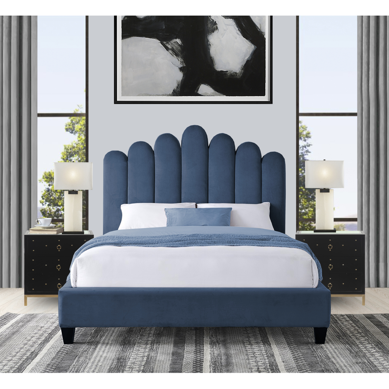 Iconic Home Brynn Platform Bed Frame With Headboard Velvet Upholstered Vertical Channel Quilted - Slate Blue, Queen