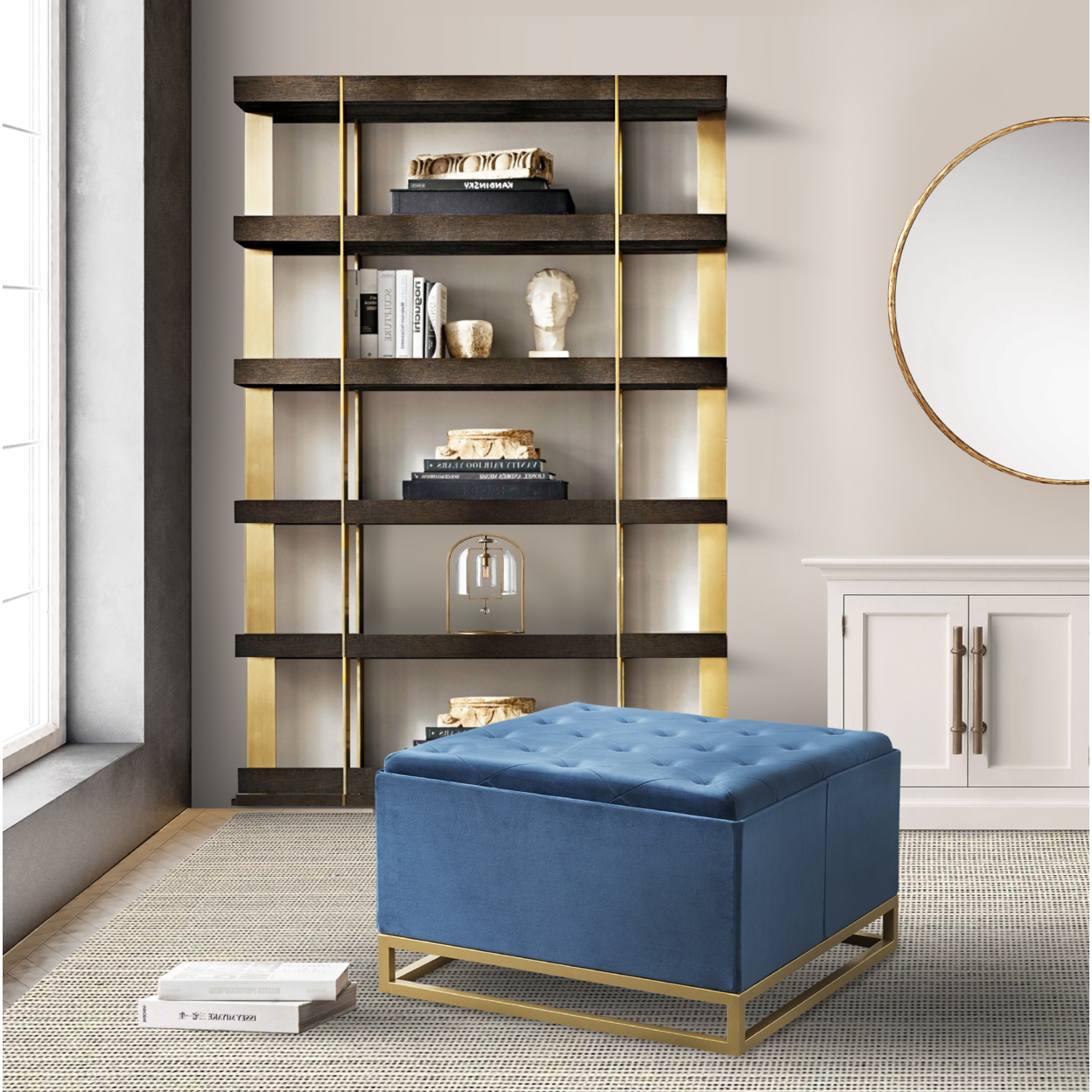 Iconic Home Addilyn Storage Ottoman Velvet Upholstered Tufted Seat Gold Tone Metal Base - Blue