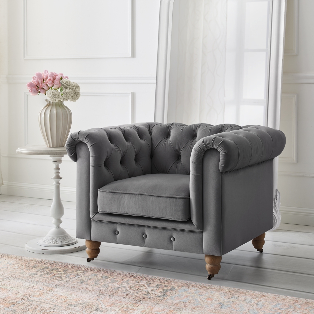 Kaleigh Club Chair-Button Tufted-Rolled Arm, Sinuous Springs - Dark Grey