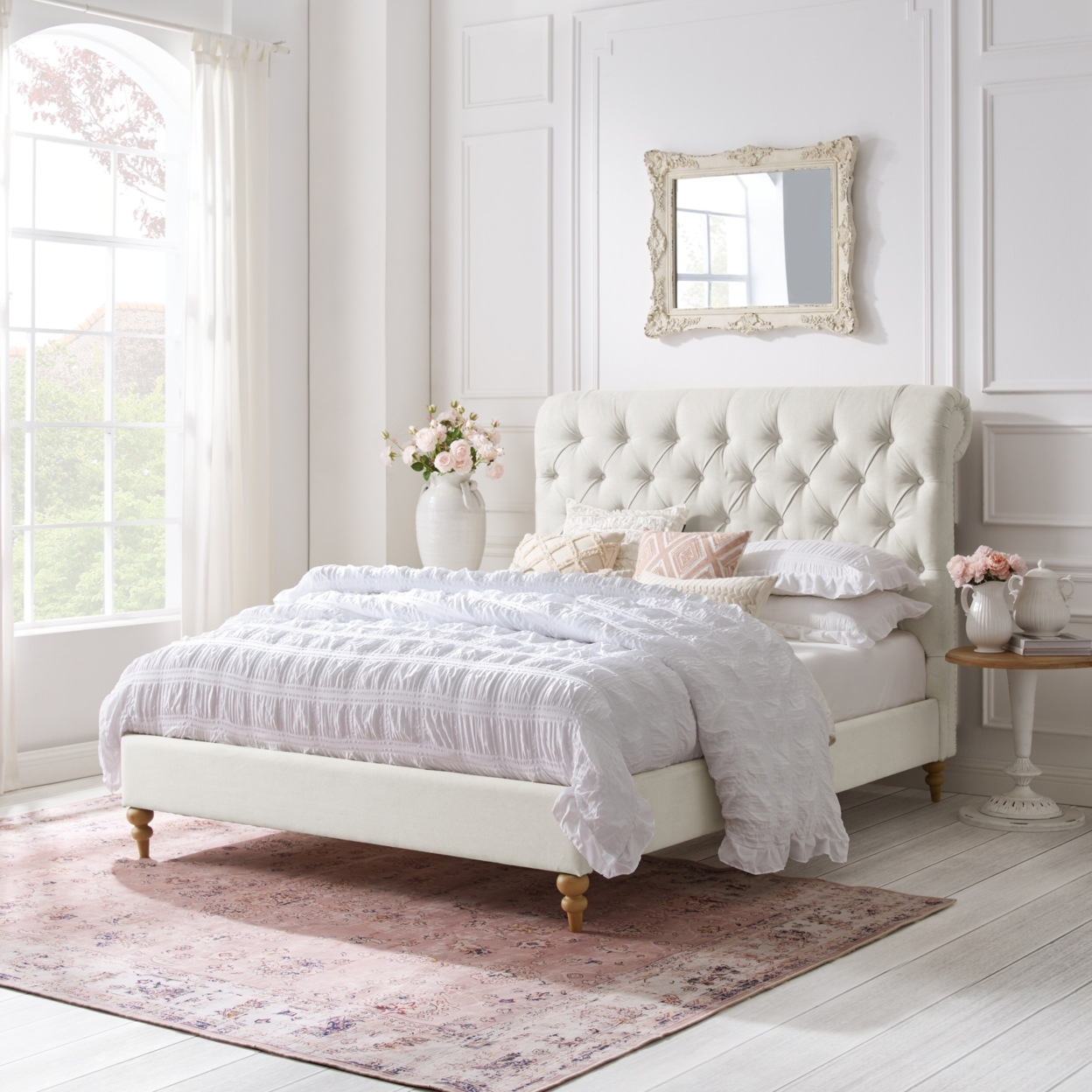 Kailynn Bed-Rolled Top Button Tufted-Nailhead Trim-Slats Included - Cream White, Twin