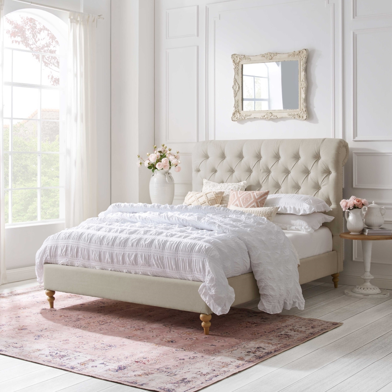 Kailynn Bed-Rolled Top Button Tufted-Nailhead Trim-Slats Included - Beige, Queen