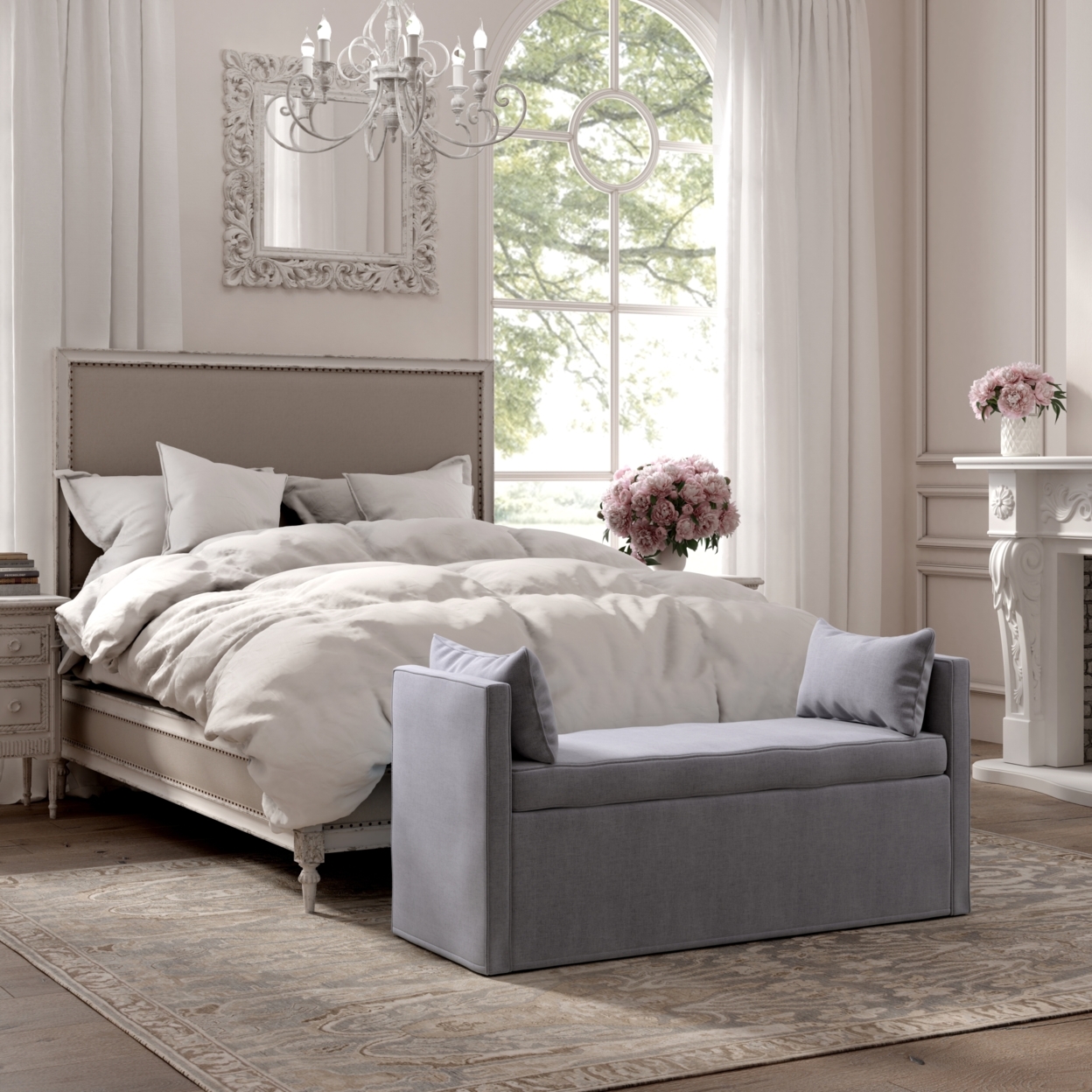 Persephone Bench-Upholstered-Piping Details-Two Pillows - Light Grey