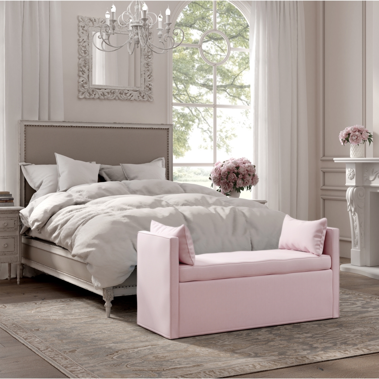 Persephone Bench-Upholstered-Piping Details-Two Pillows - Light Pink