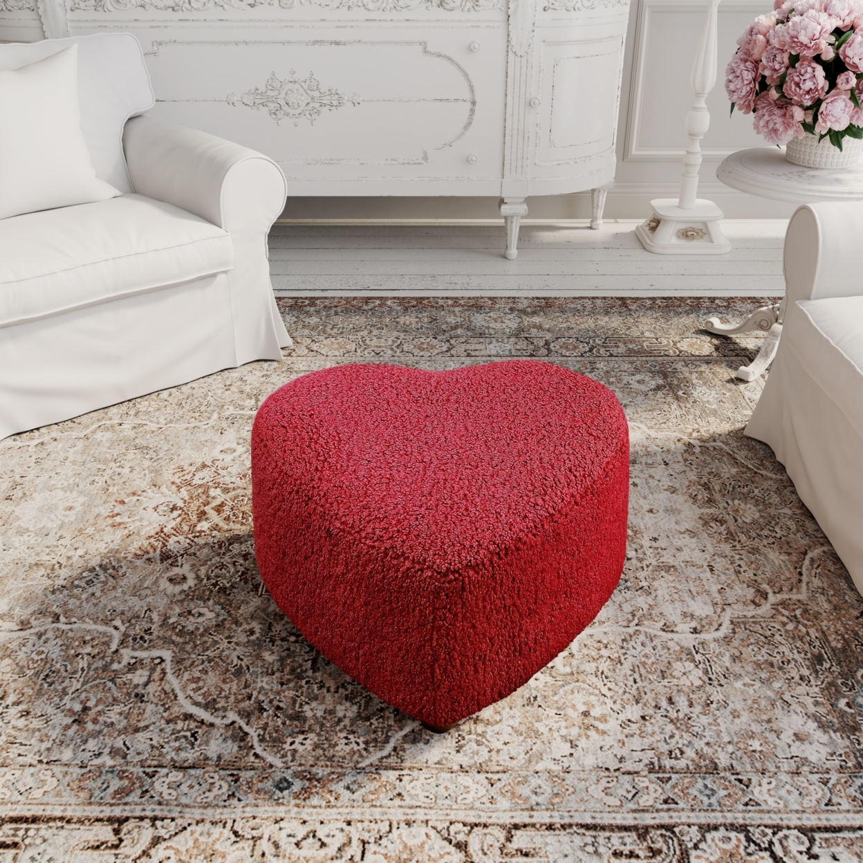 Rori Ottoman-Upholstered-Low Profile-Heart Shaped - Red
