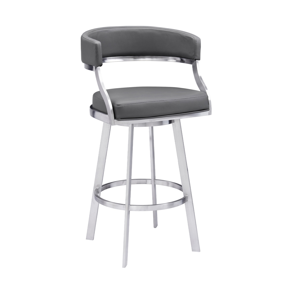 Ava 26 Inch Swivel Counter Stool Chair, Open Back, Steel, Gray Faux Leather- Saltoro Sherpi