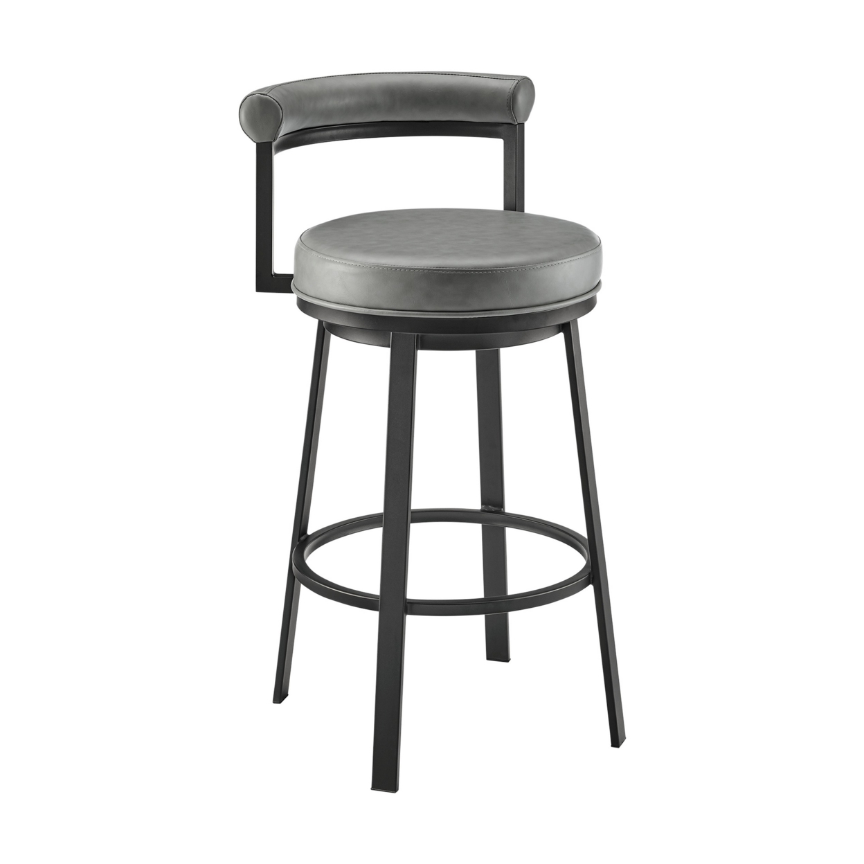 Elysha 26 Inch Swivel Counter Stool Chair, Round Cushion, Gray Faux Leather- Saltoro Sherpi