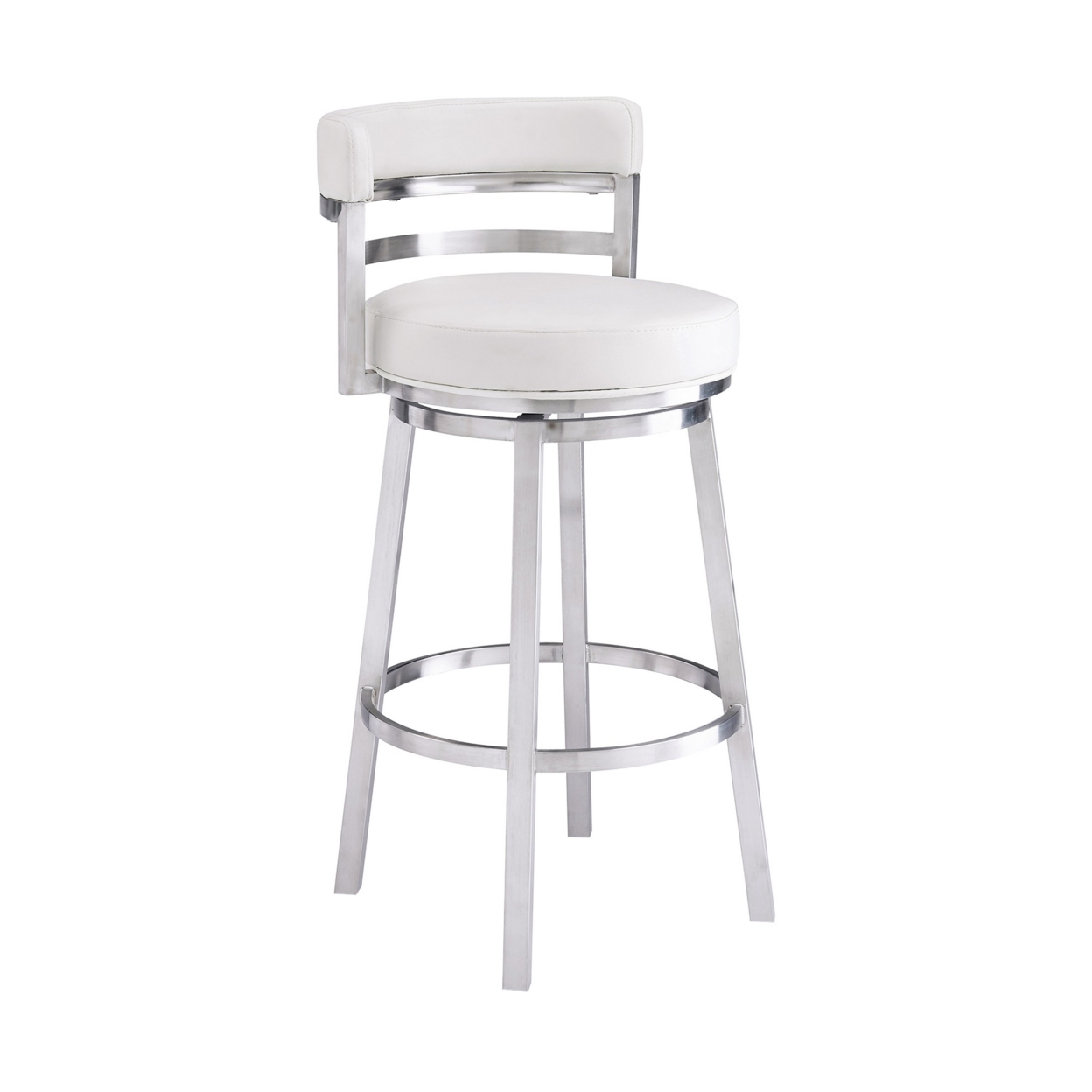 Eva 26 Inch Padded Swivel Counter Stool Chair, Steel, White Faux Leather- Saltoro Sherpi