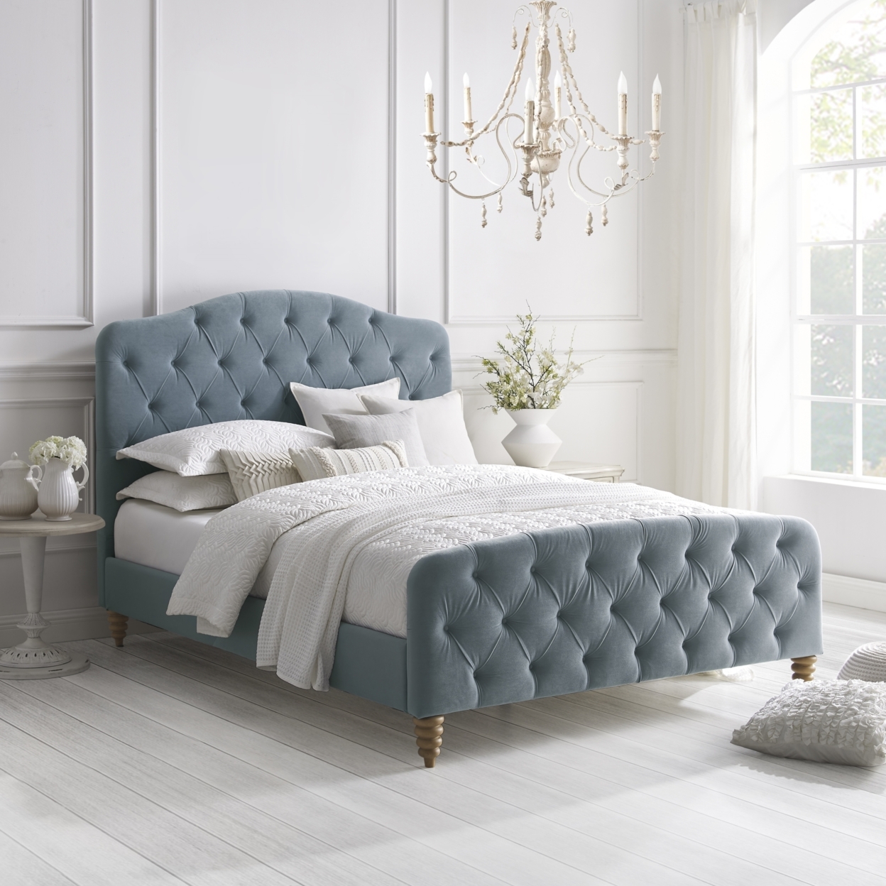 Adilene Bed-Diamond Tufted Headboard And Footboard-Upholstered-Slats Included - Light Blue, Queen