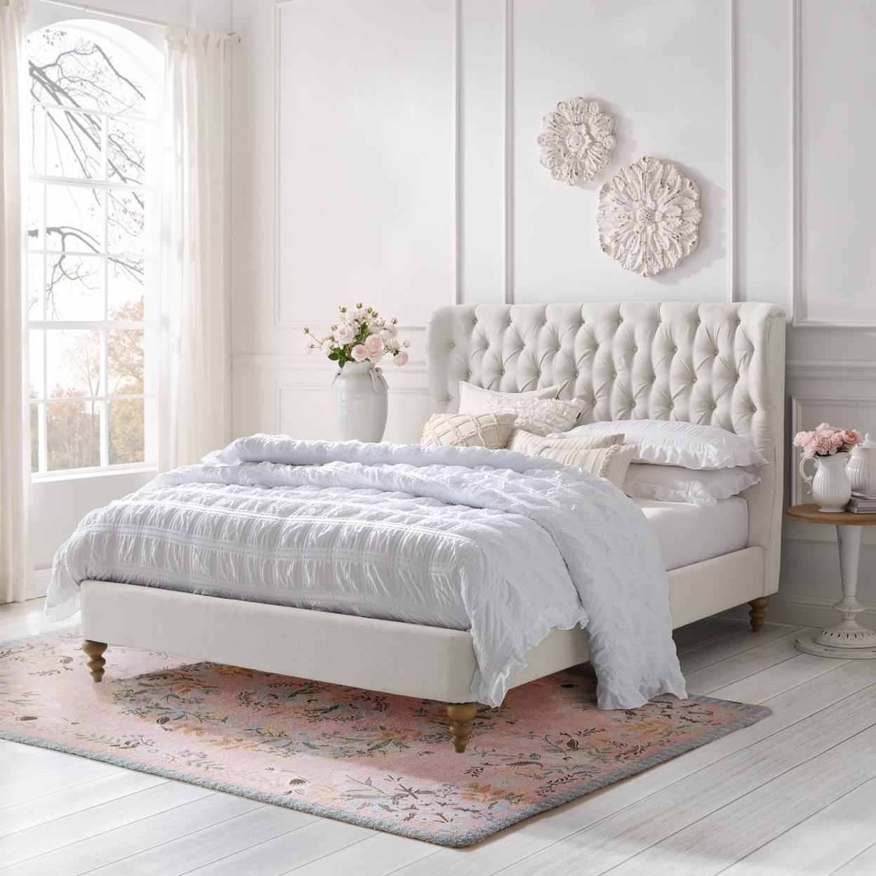 Kelsie Bed-Button Tufted Headboard-Wingback-Slats Included - Cream White, Queen