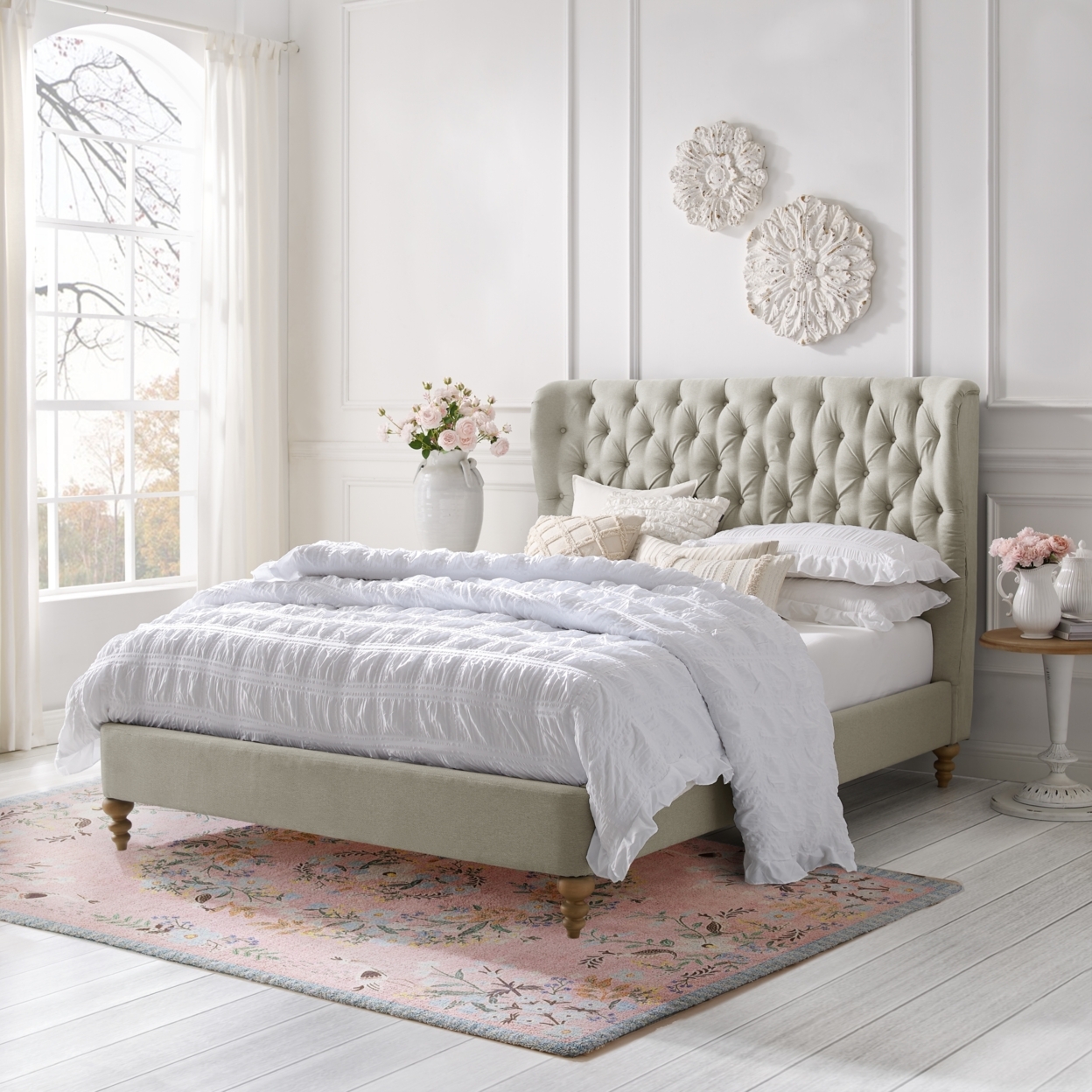 Kelsie Bed-Button Tufted Headboard-Wingback-Slats Included - Cream White, Queen
