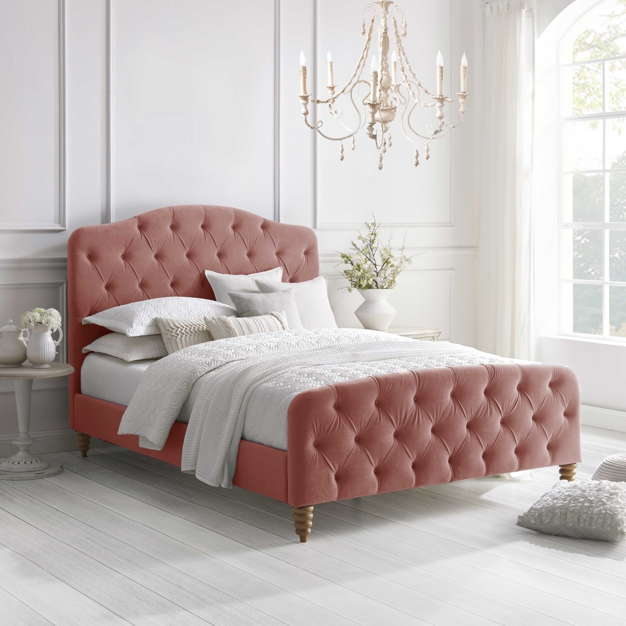 Adilene Bed-Diamond Tufted Headboard And Footboard-Upholstered-Slats Included - Blush, Queen