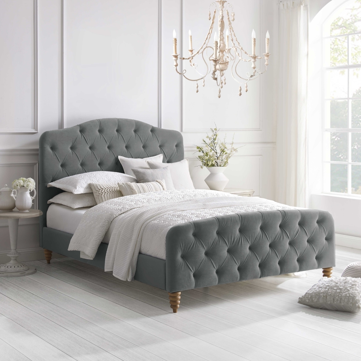 Adilene Bed-Diamond Tufted Headboard And Footboard-Upholstered-Slats Included - Grey, Twin