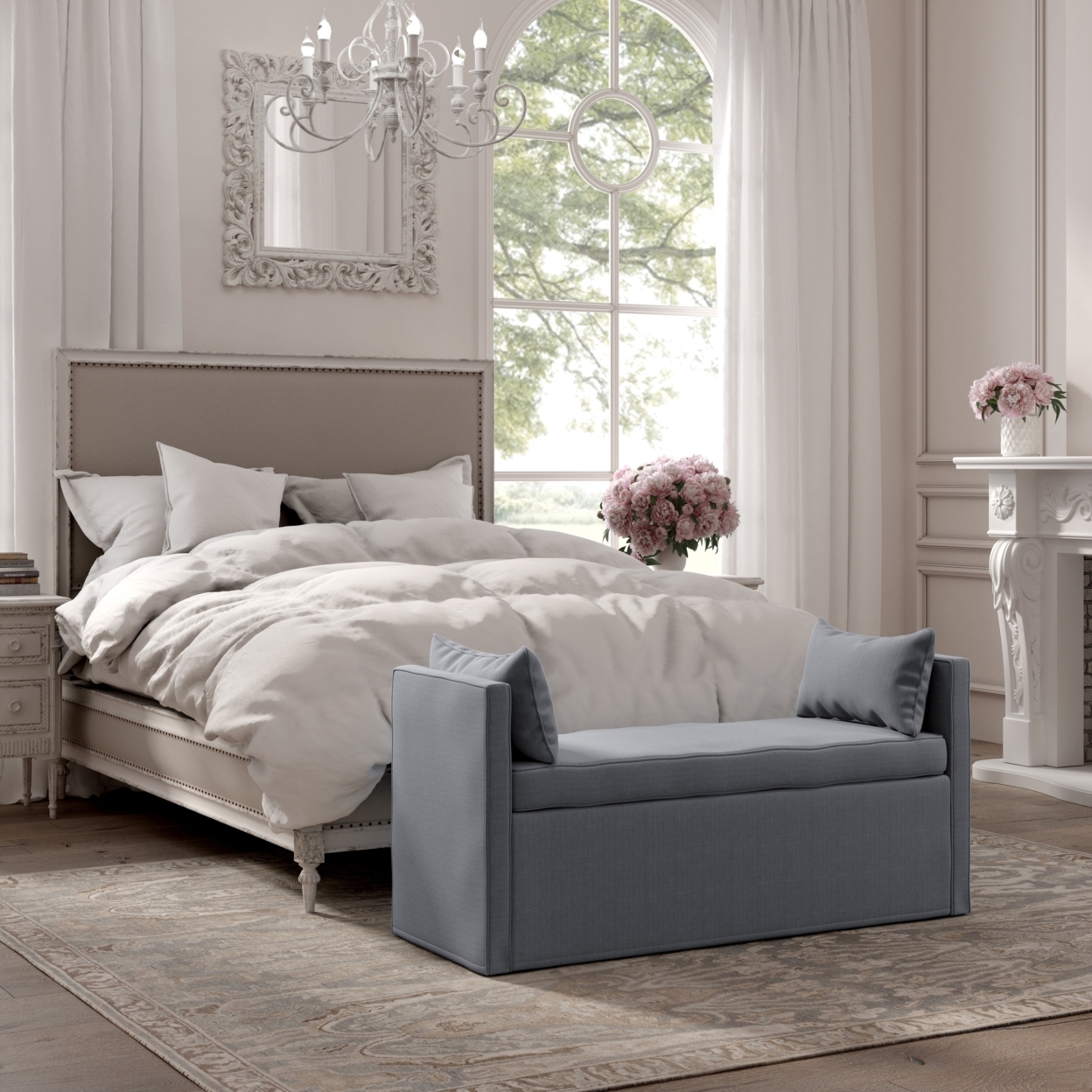 Persephone Bench-Upholstered-Piping Details-Two Pillows - Dark Grey
