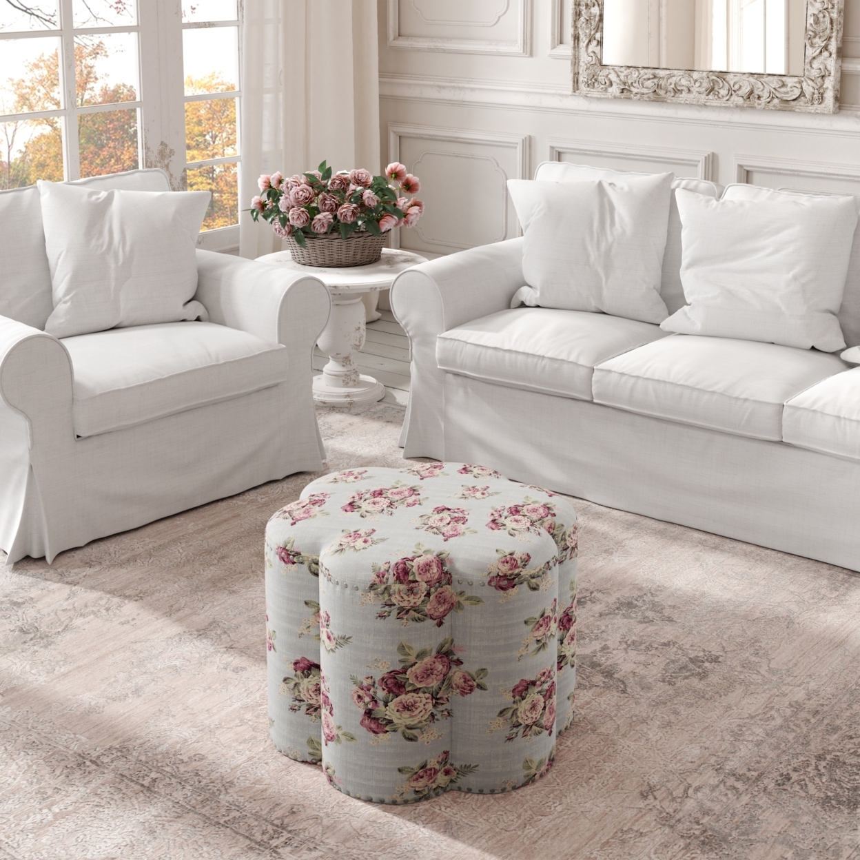 Paizley Ottoman-Upholstered-Nailhead Trim-Solid Pattern - Manor Floral
