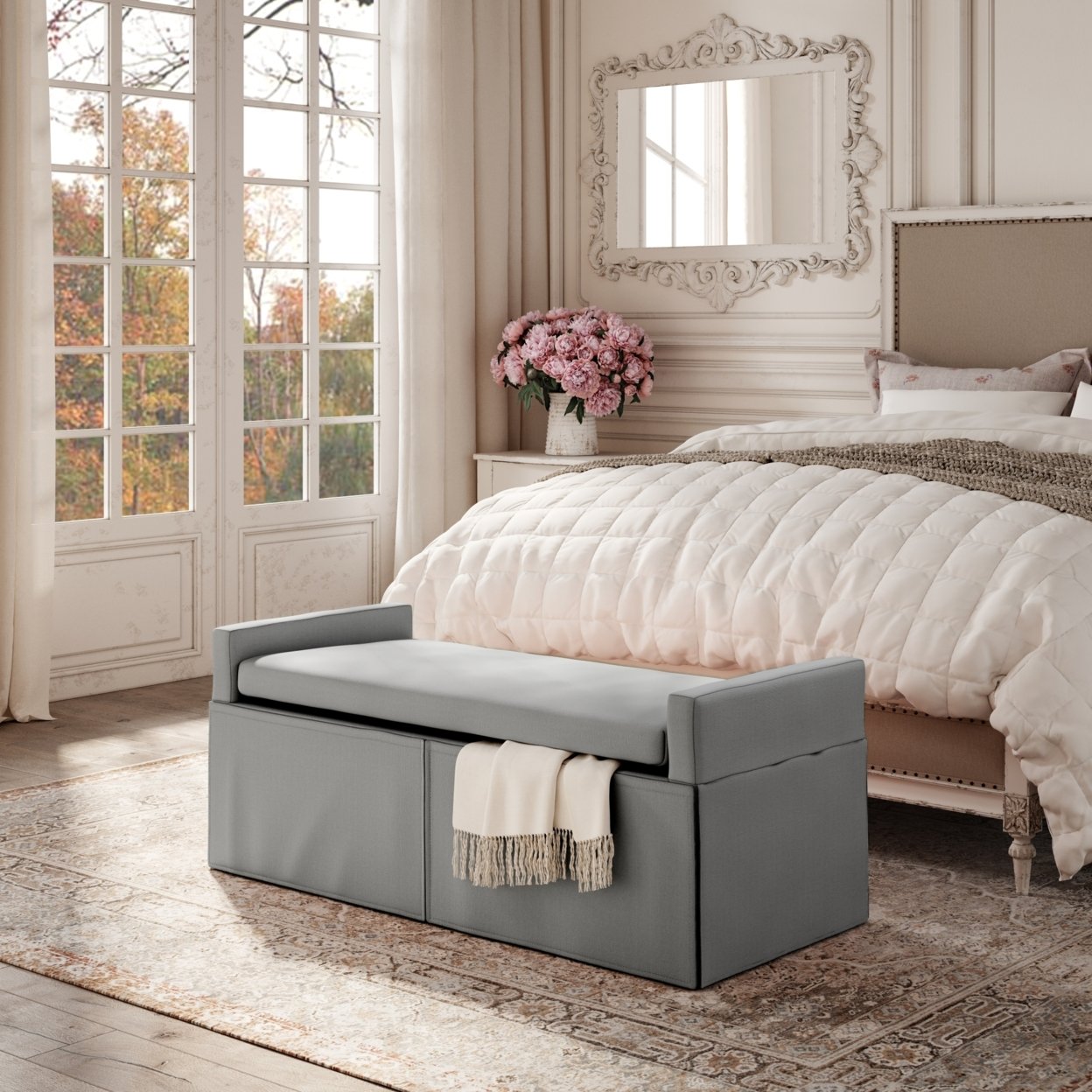 Xitlali Bench-Upholstered-Square Arms-Hinged Lid - Light Grey