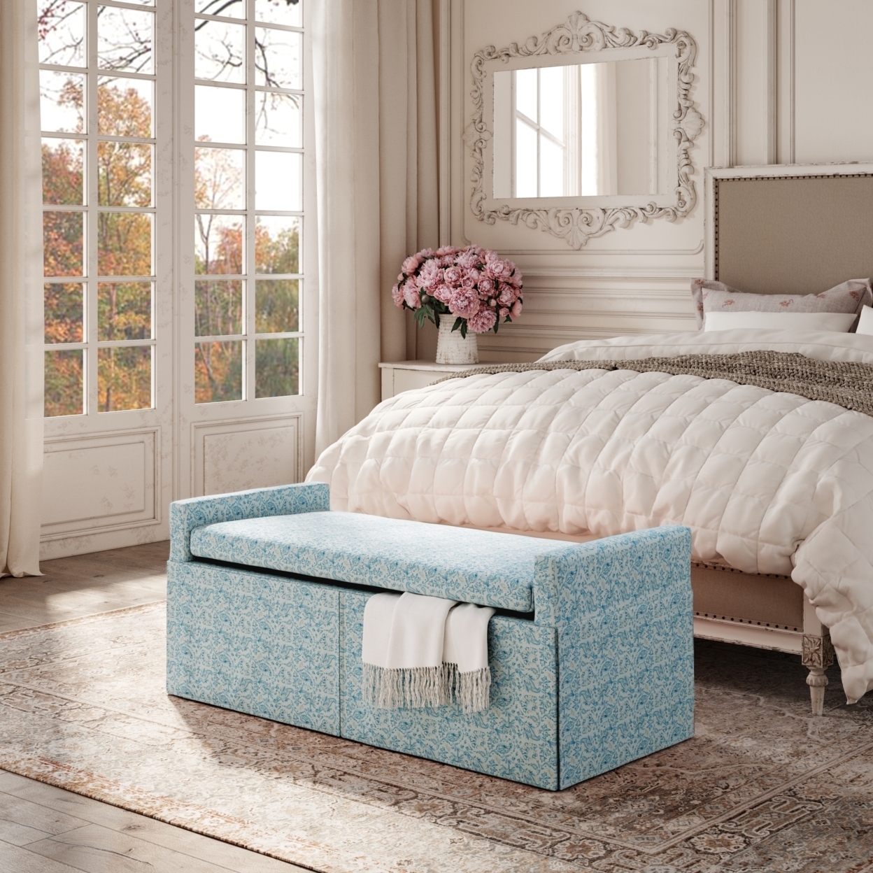 Xitlali Bench-Upholstered-Square Arms-Hinged Lid - Indes Blue Ground