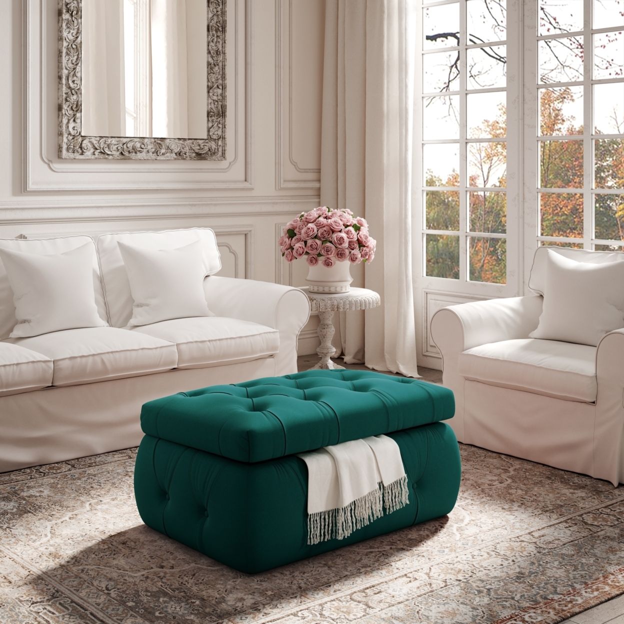 Ishan Ottoman-Upholstered-Button Tufted-Storage - Manor Floral Linen