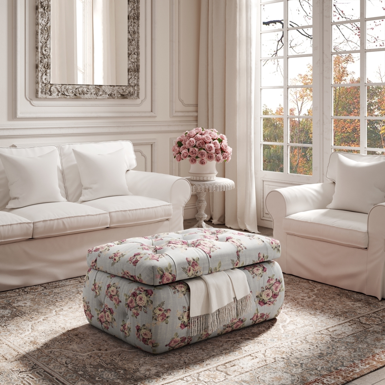 Ishan Ottoman-Upholstered-Button Tufted-Storage - Manor Floral Linen