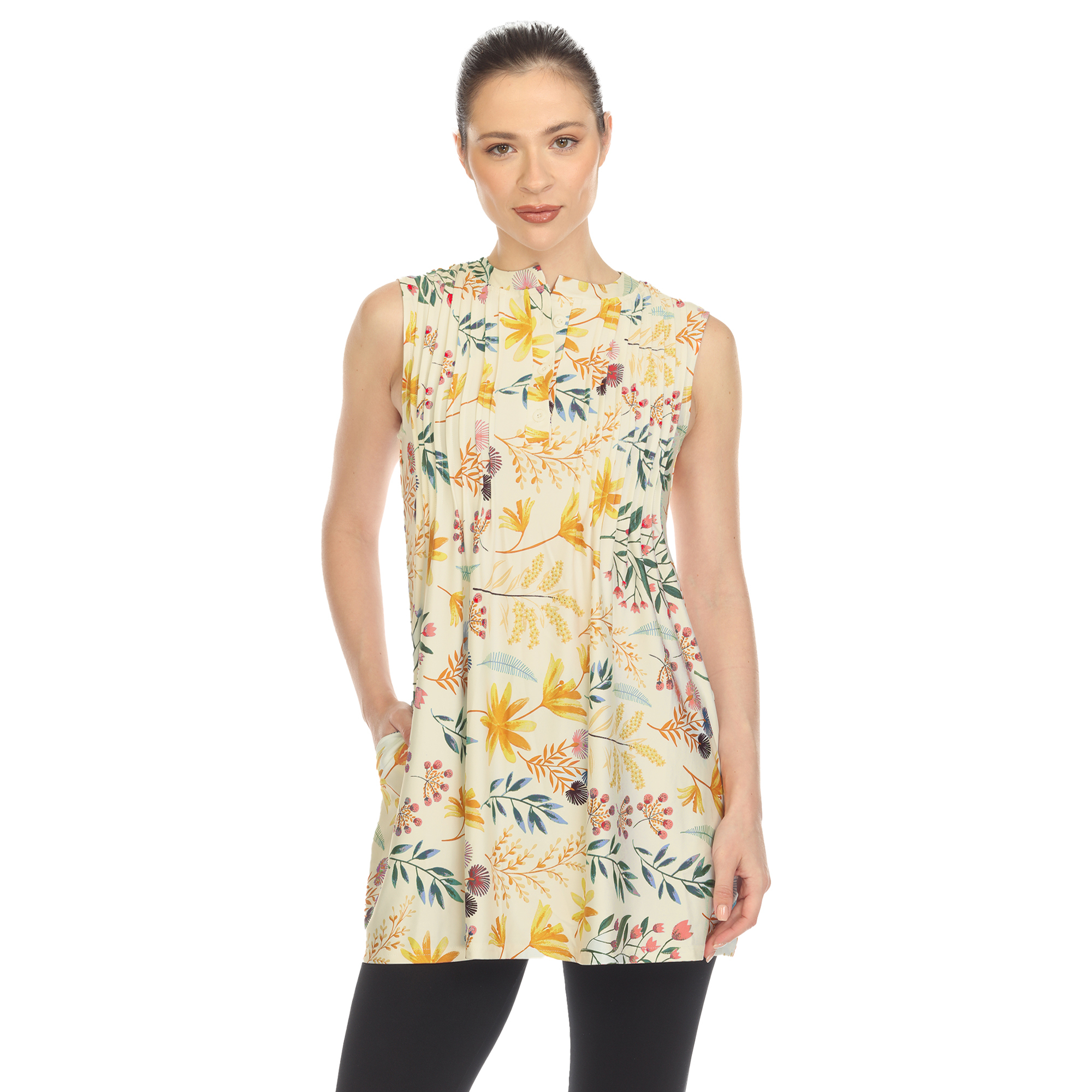 White Mark Women's Floral Print Sleeveless Pleated Tunic Top With Pockets - Beige, 2X