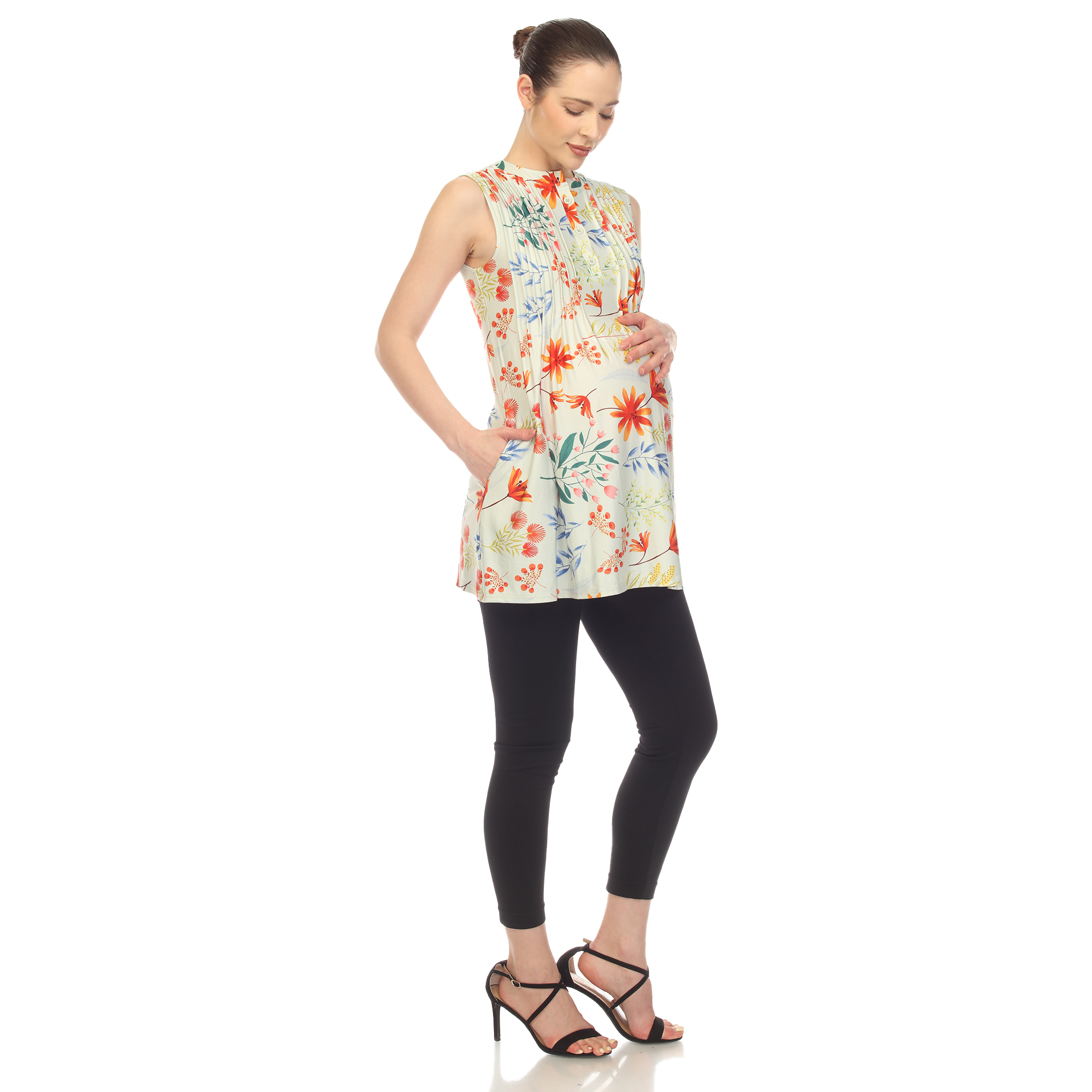 White Mark Women's Maternity Floral Sleeveless Tunic Top - Sage, Small