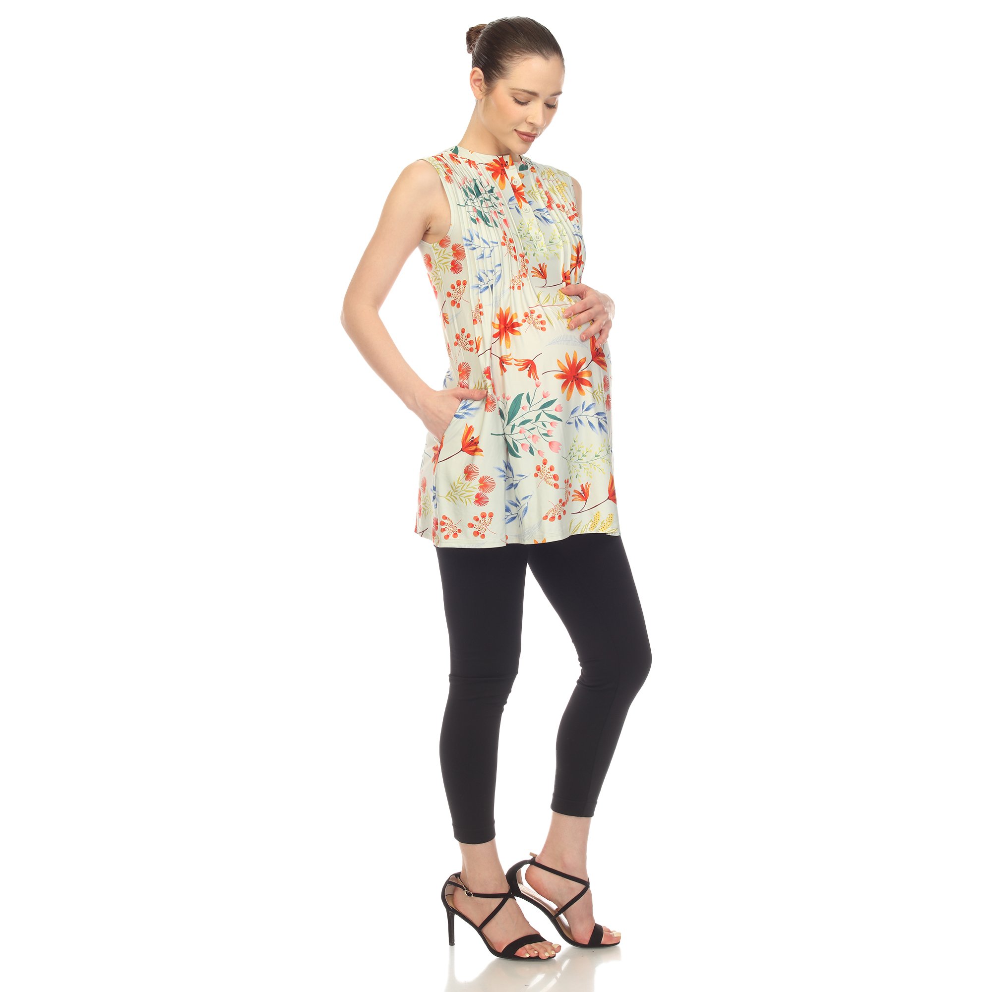 White Mark Women's Maternity Floral Sleeveless Tunic Top - Sage, 3X