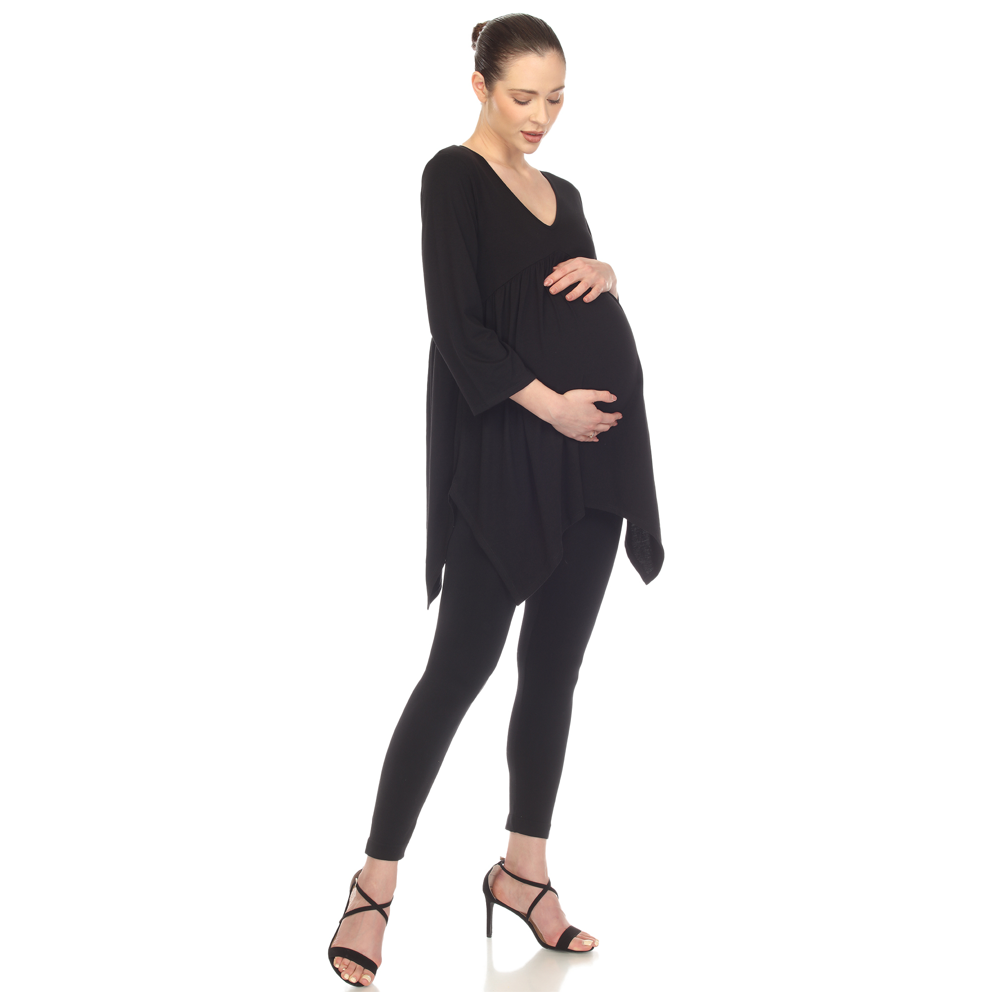 White Mark Women's Maternity Empire Waist V-Neck Tunic Top - Black, Large