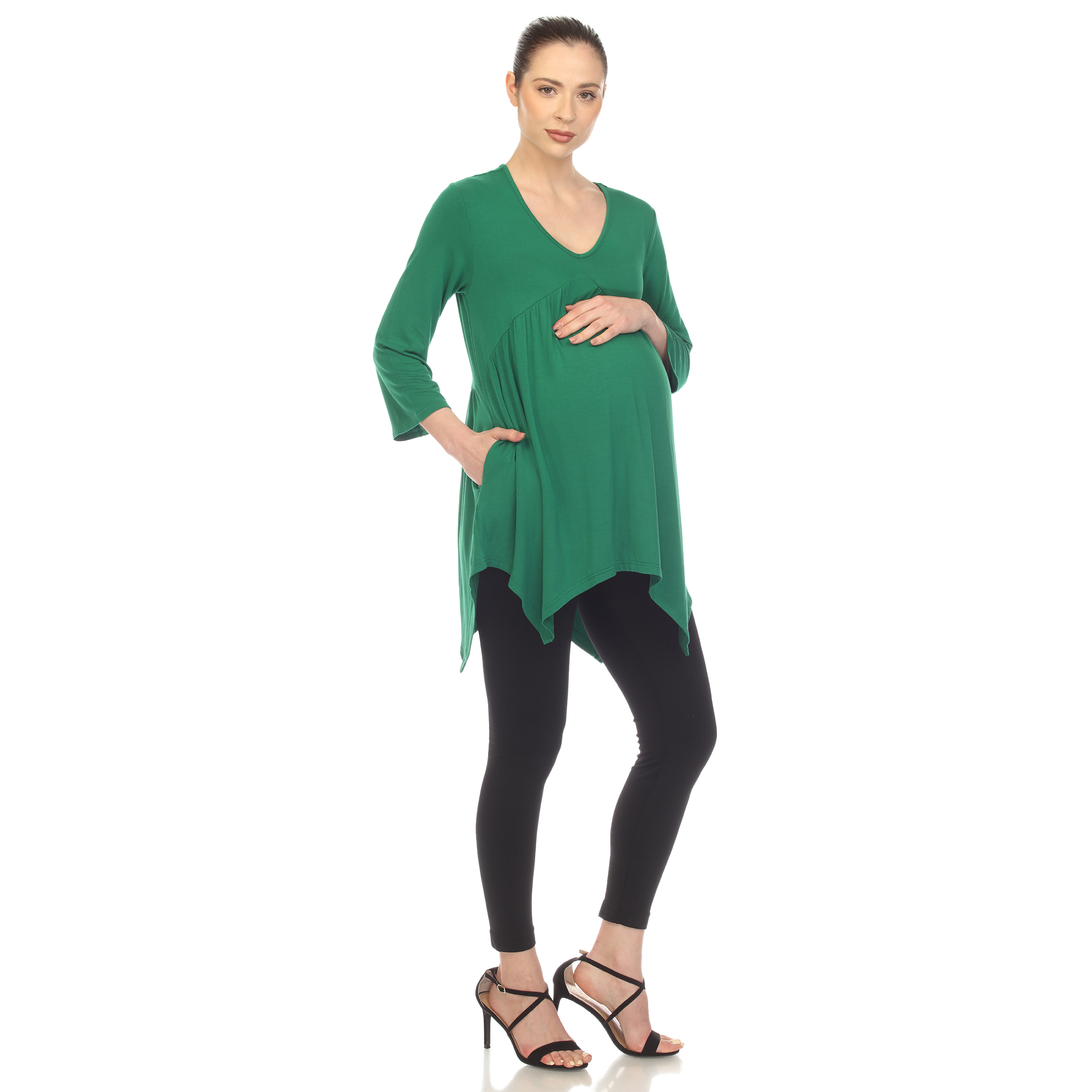 White Mark Women's Maternity Empire Waist V-Neck Tunic Top - Green, Medium