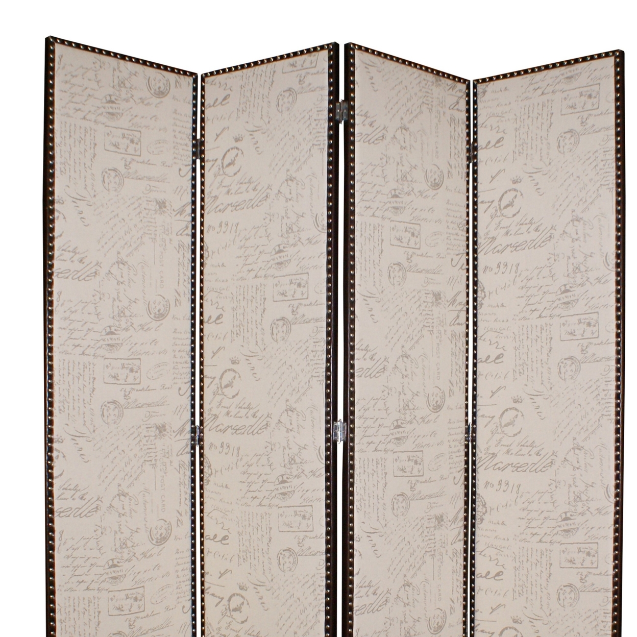 Wooden 4 Panel Foldable Screen With Script Print, Beige- Saltoro Sherpi