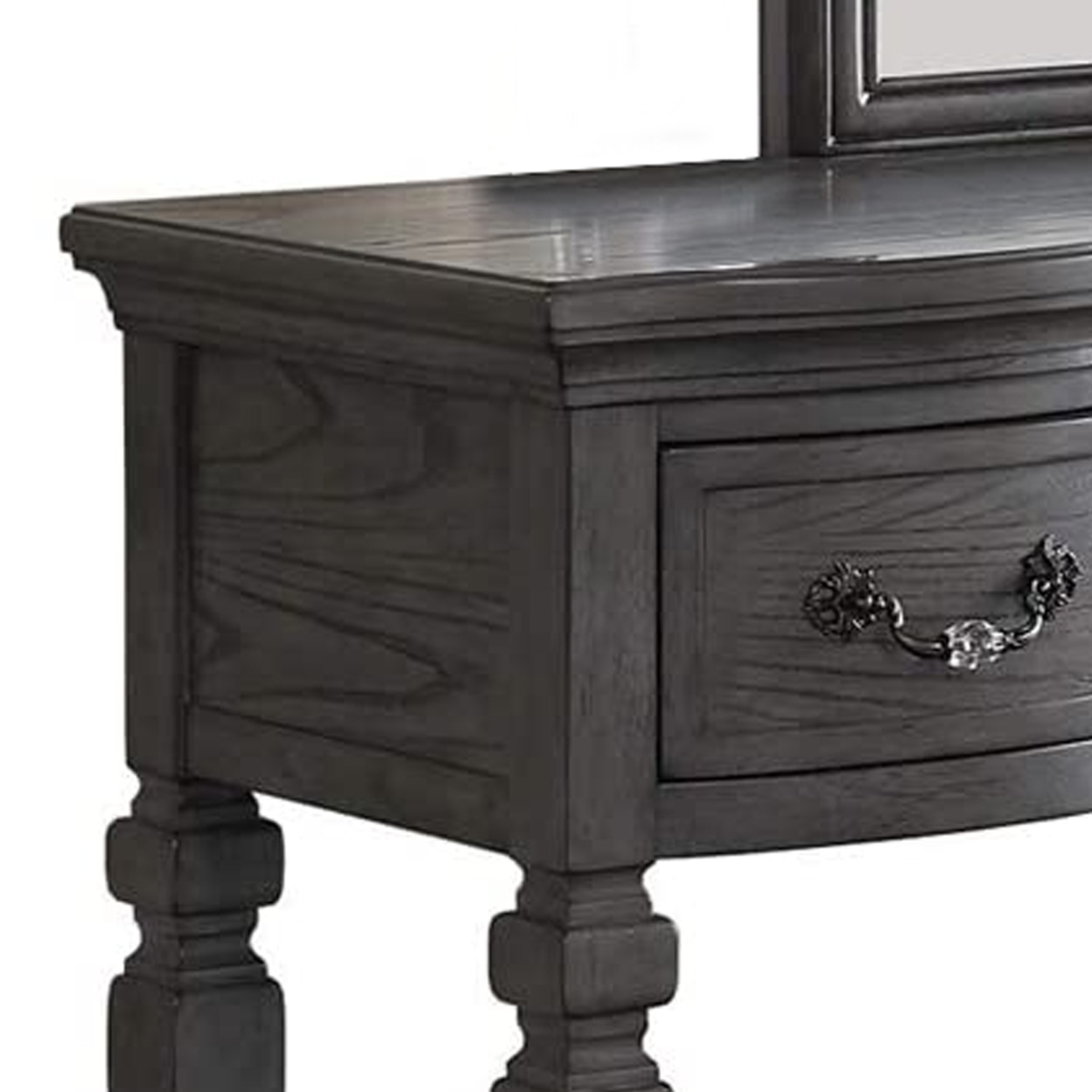 3 Piece Vanity Set With Carved Mirror And Turned Legs, Gray- Saltoro Sherpi
