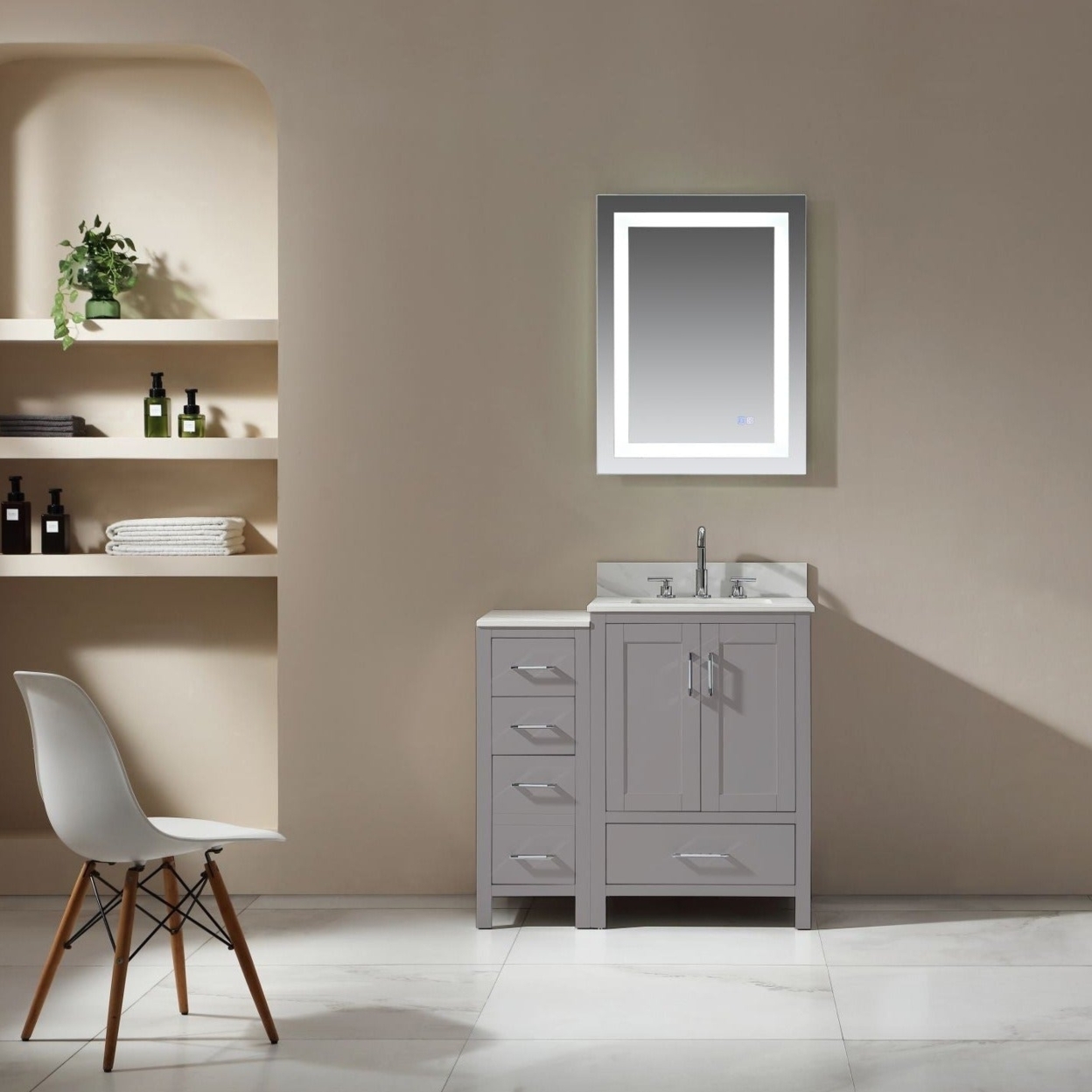 ExBrite 36'' Solid Oak With Engineered Stone Vanity Top Bathroom Vanity With Sink Grey Drawers Vanity Cabinet
