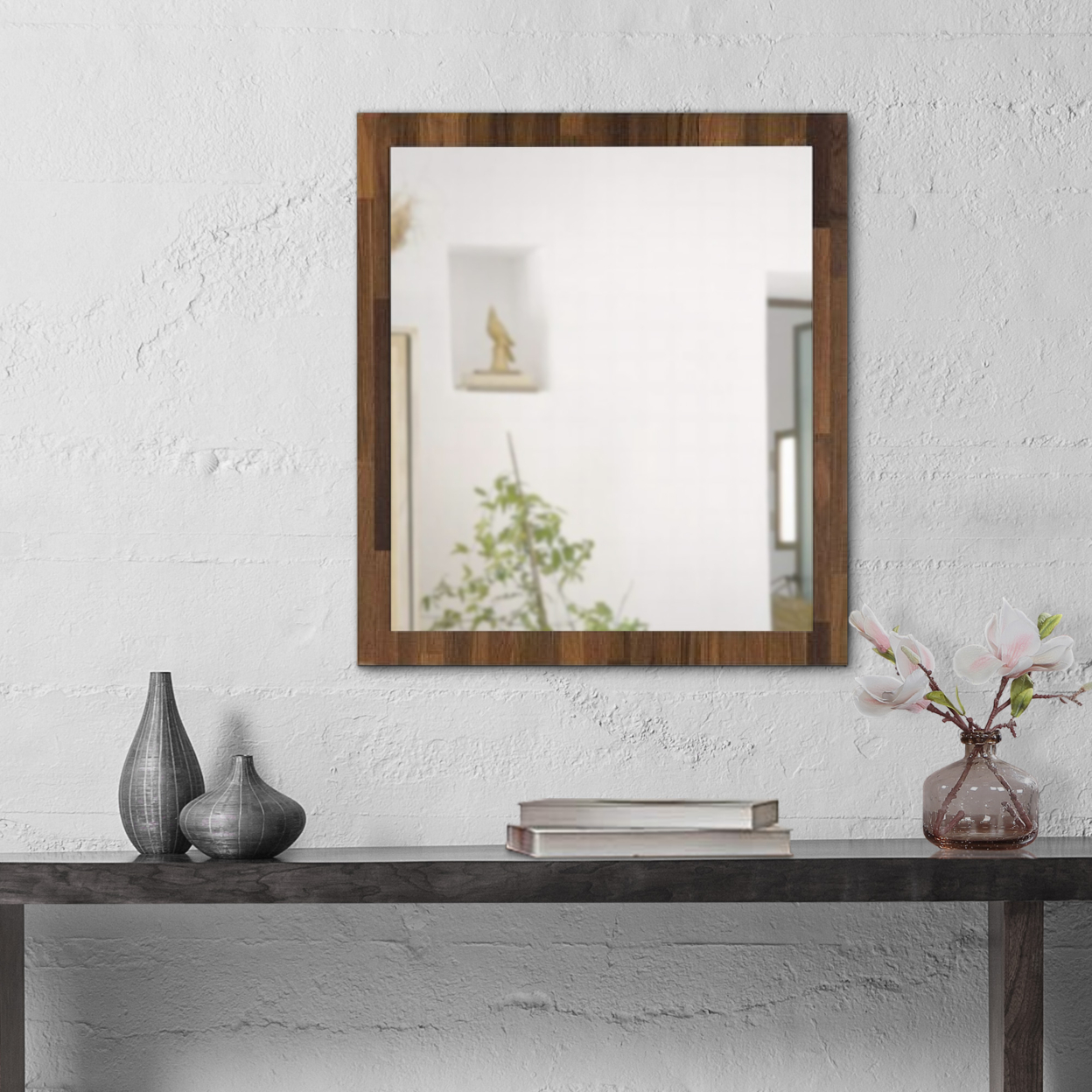 32 Inch Wall Mirror, Rectangular Portrait Plank Wood Frame, Walnut Brown- Saltoro Sherpi