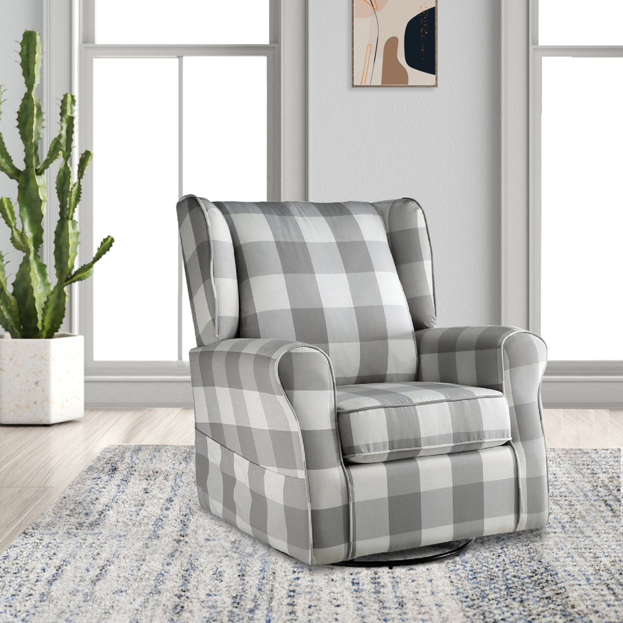 35 Inch Accent Swivel Chair, Glider, Checkered Fabric, Light Gray- Saltoro Sherpi