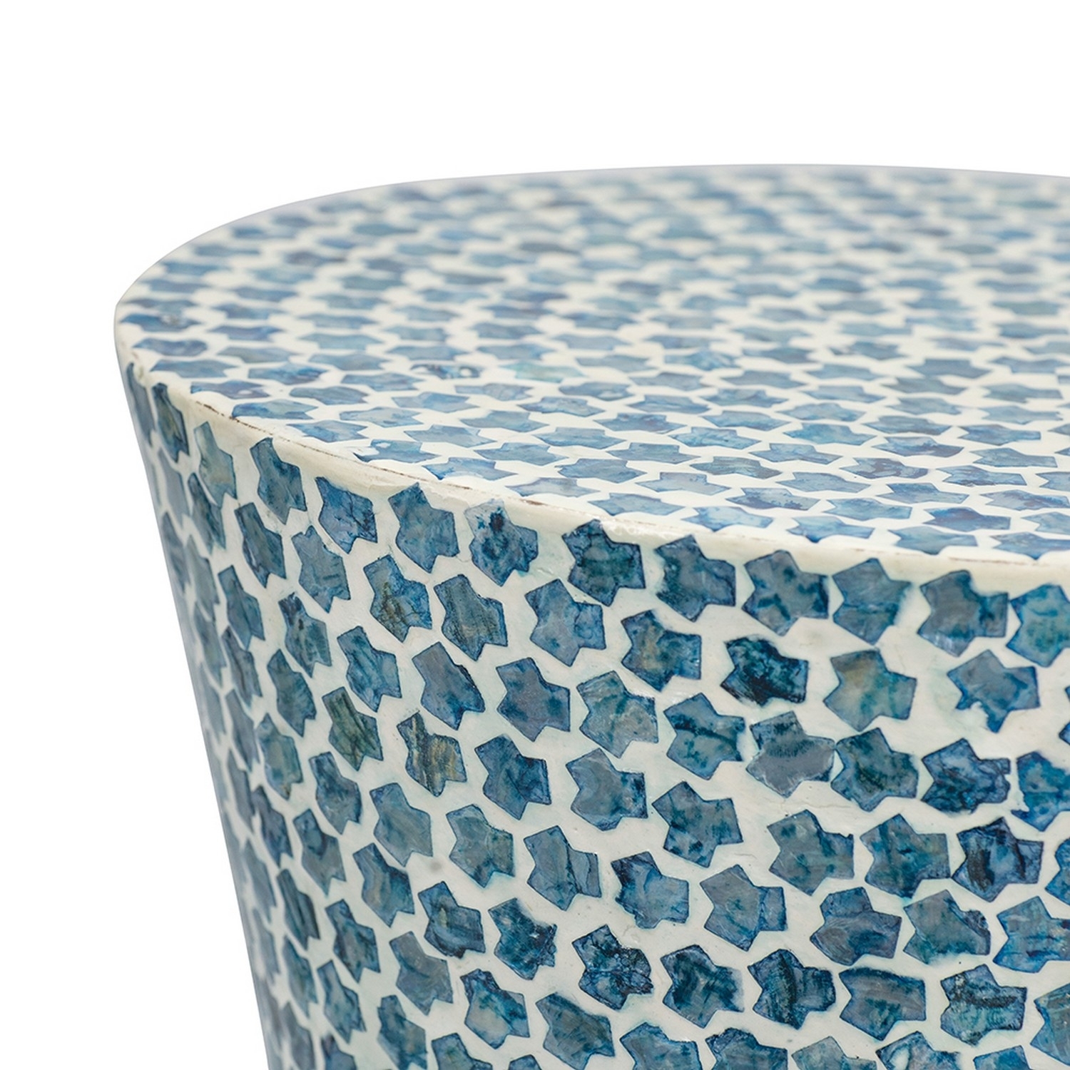 Ivy 20 Inch Luxury Accent Table Stool, Mosaic Tile Pattern, White, Blue- Saltoro Sherpi