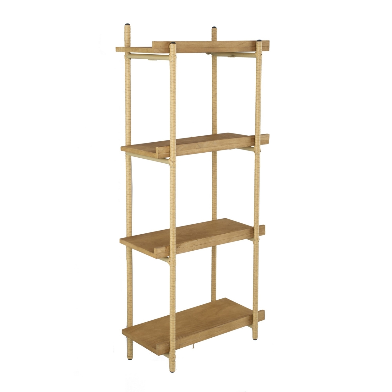 44 Inch Modern Wood Four Tier Shelf, Natural Rattan Braiding, Gold, Brown- Saltoro Sherpi
