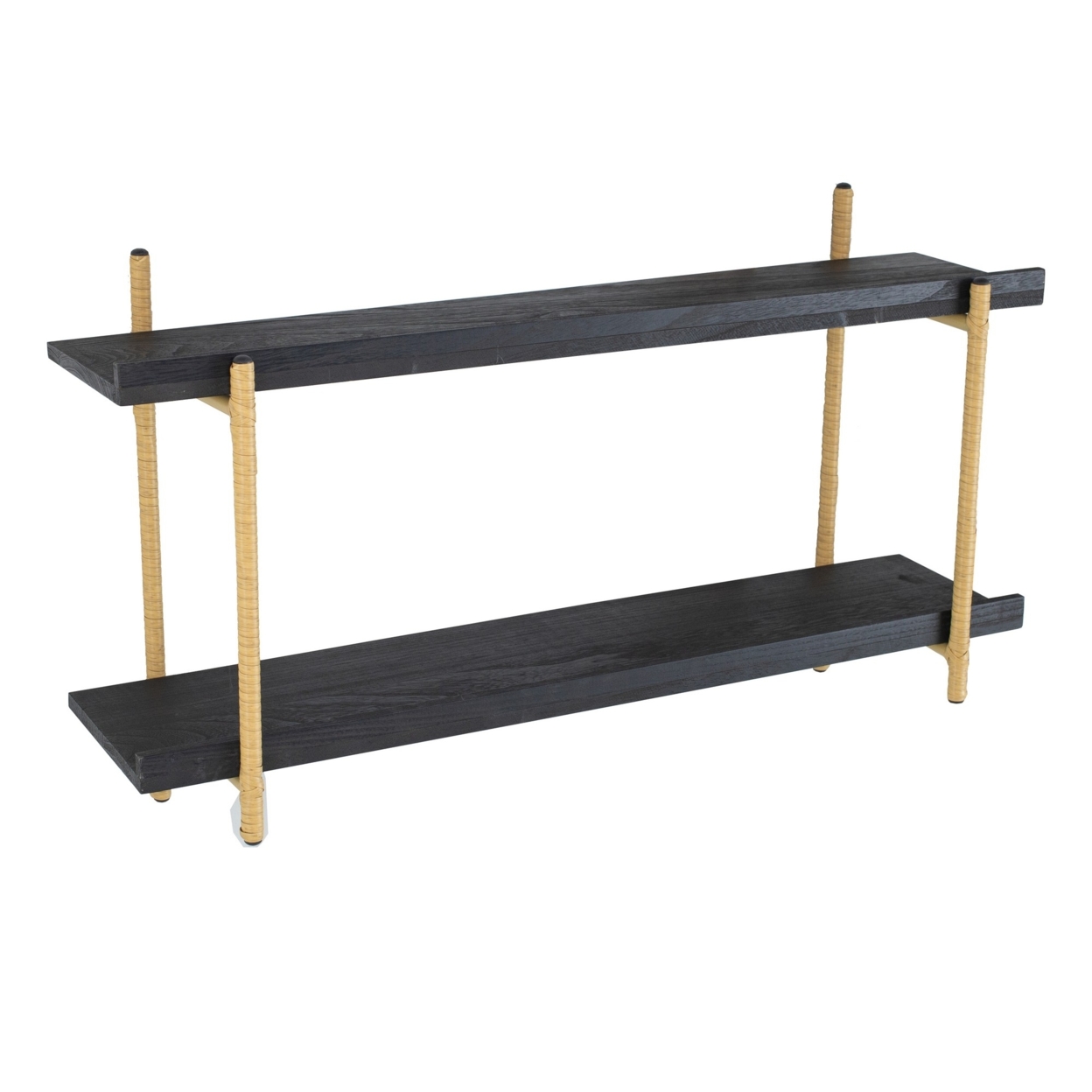 36 Inch Modern Wood Two Tier Shelf, Rattan Braiding, Black, Gold- Saltoro Sherpi