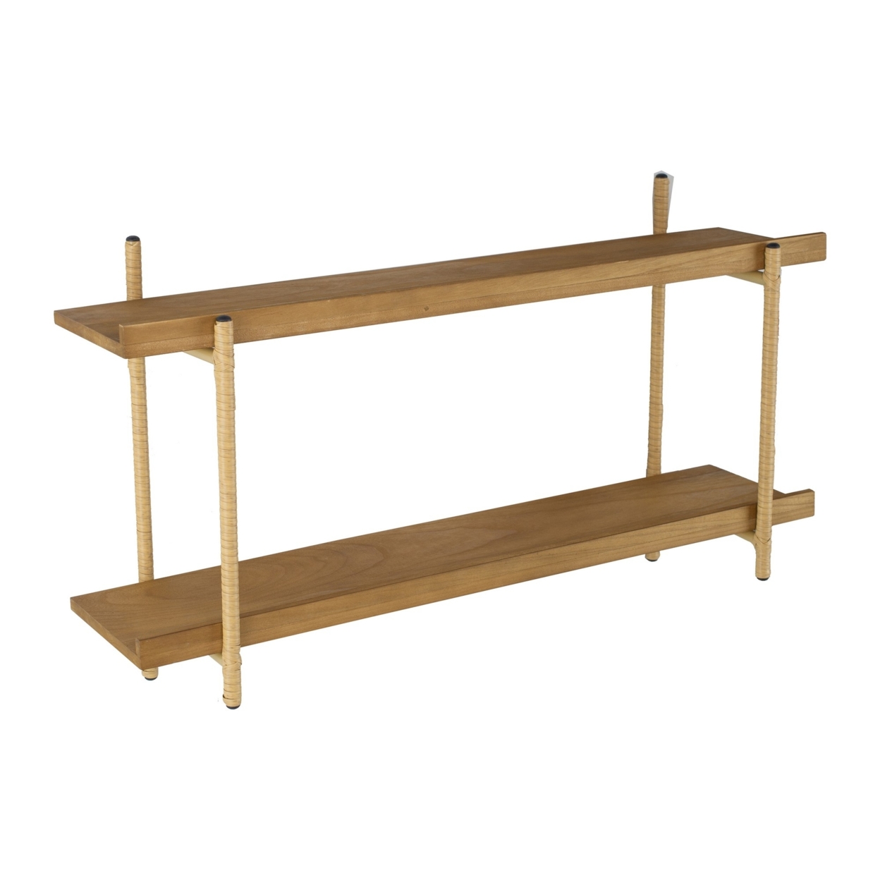36 Inch Modern Wood Two Tier Shelf, Rattan Braiding, Brown, Gold- Saltoro Sherpi