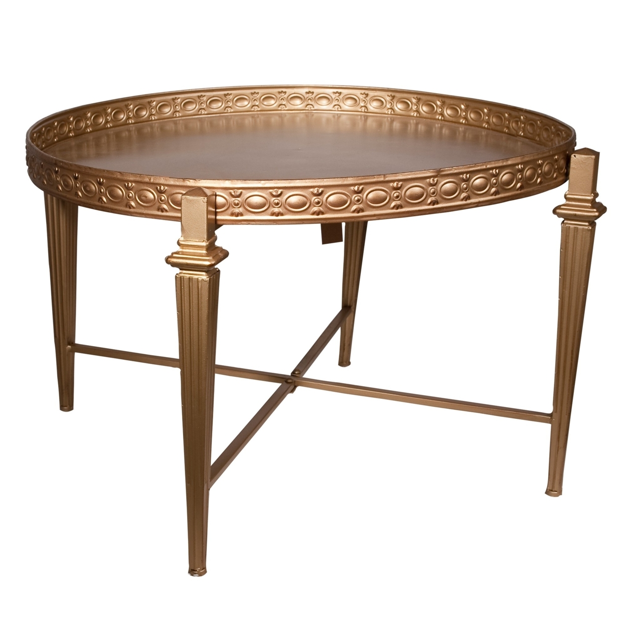 32 Inch Metal Cocktail Table, Circular Pattern Edged Round Top, Copper- Saltoro Sherpi