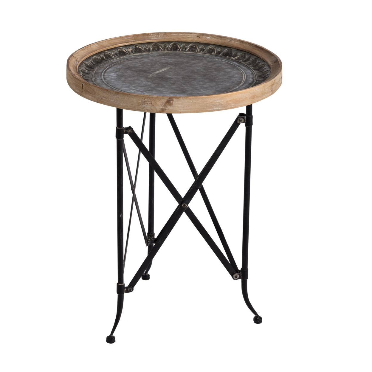 25 Inch Classic Round Side Table, Wood Top, Metal Frame, Vintage, Brown- Saltoro Sherpi