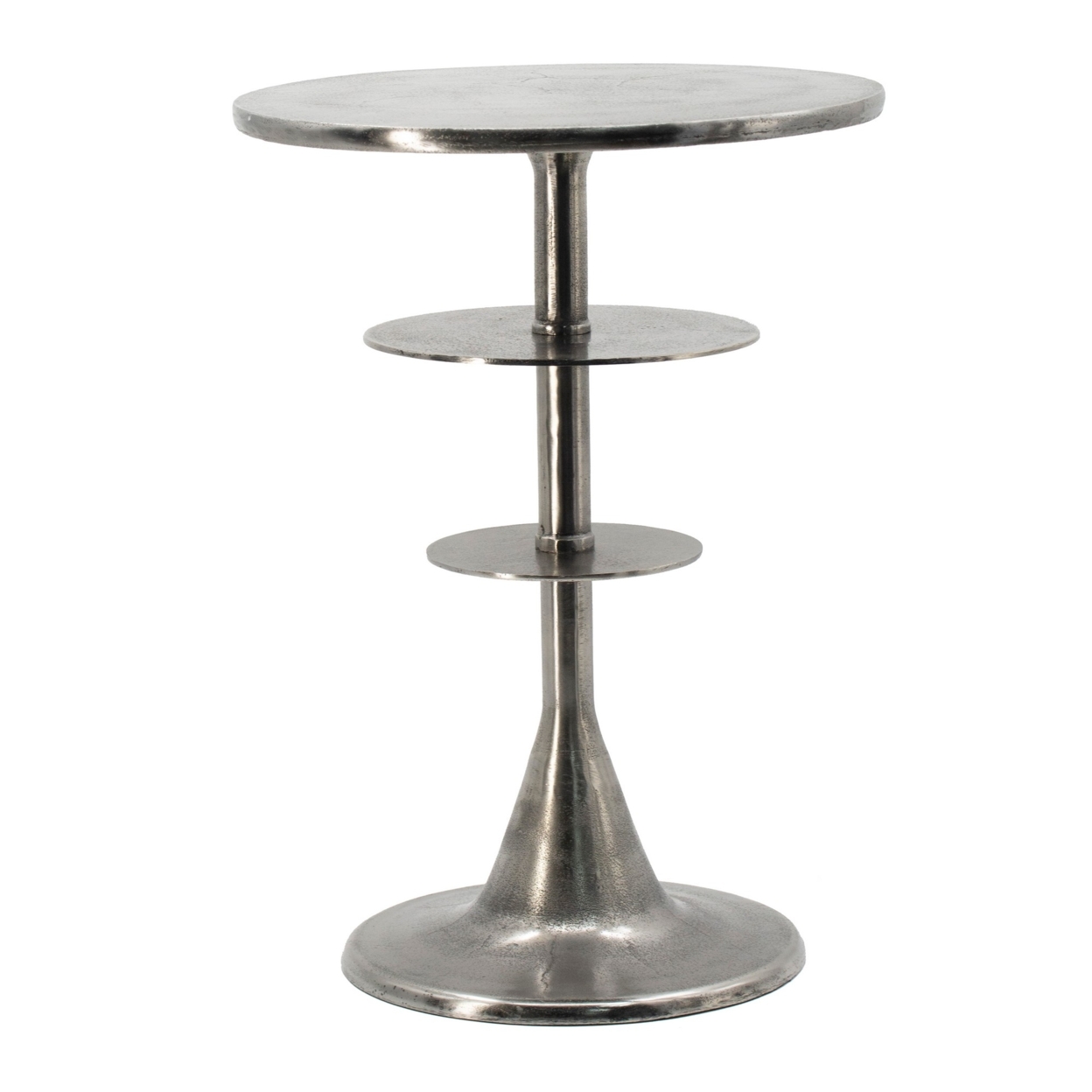 Aja 22 Inch Aluminum Accent Table, Rounded Top, Teardrop Base, Silver- Saltoro Sherpi