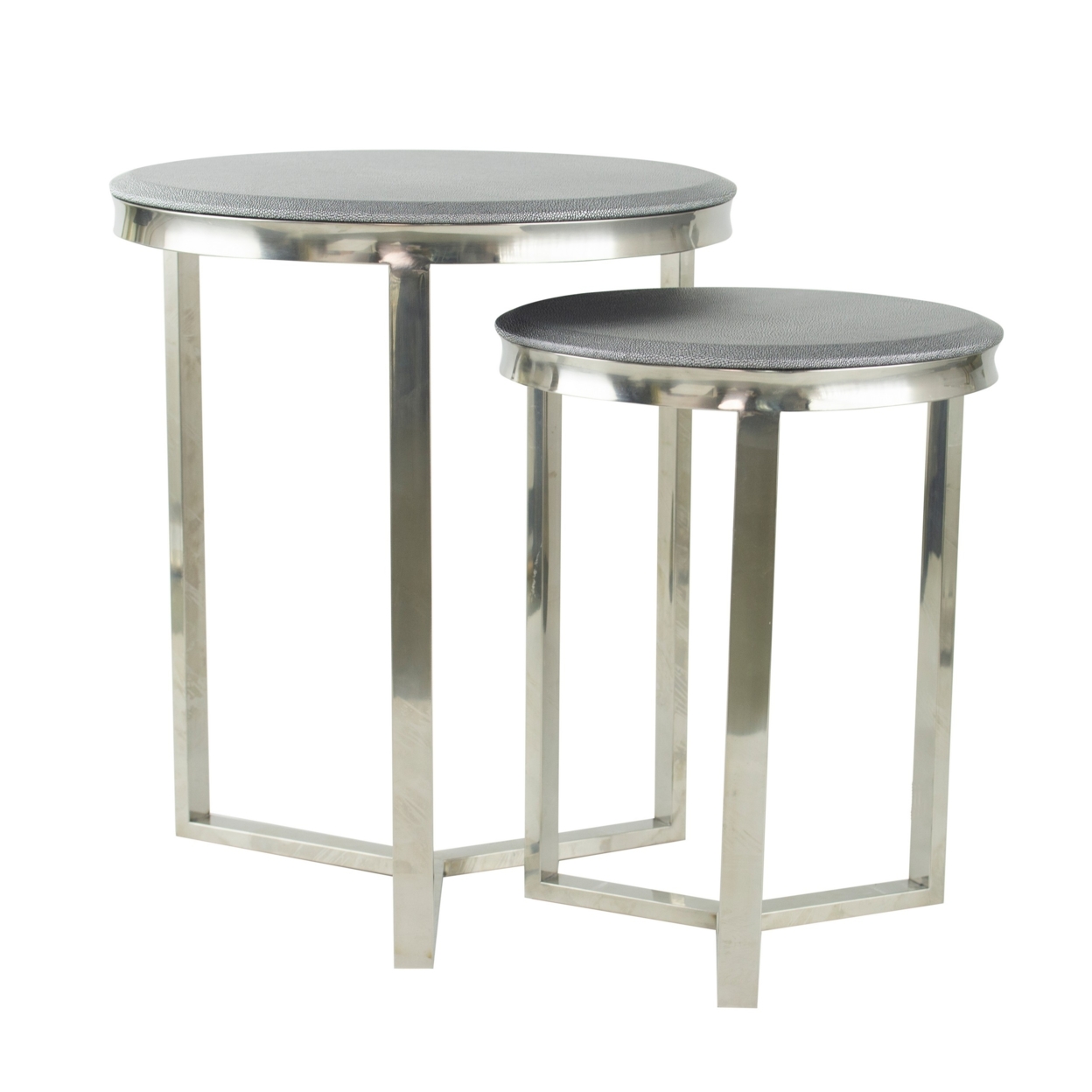 23, 19 Inch Round Nesting Accent Table, Faux Leather Top, Set Of 2, Silver- Saltoro Sherpi