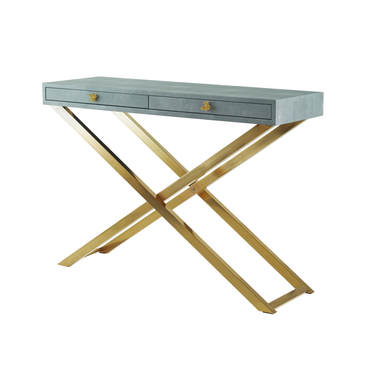 43 Inch 2 Drawer Console Table, Modern Faux Leather, Gray, Gold Metal Frame- Saltoro Sherpi
