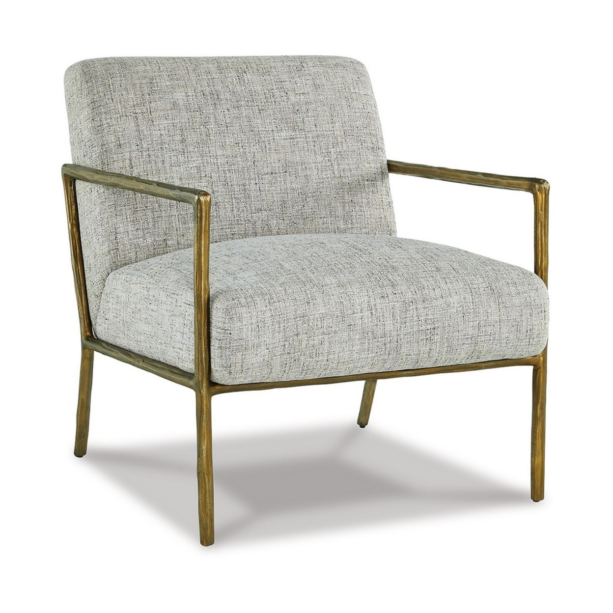 Tusk 30 Inch Accent Chair, Classic Brass Aluminum Frame, Gray Upholstery- Saltoro Sherpi