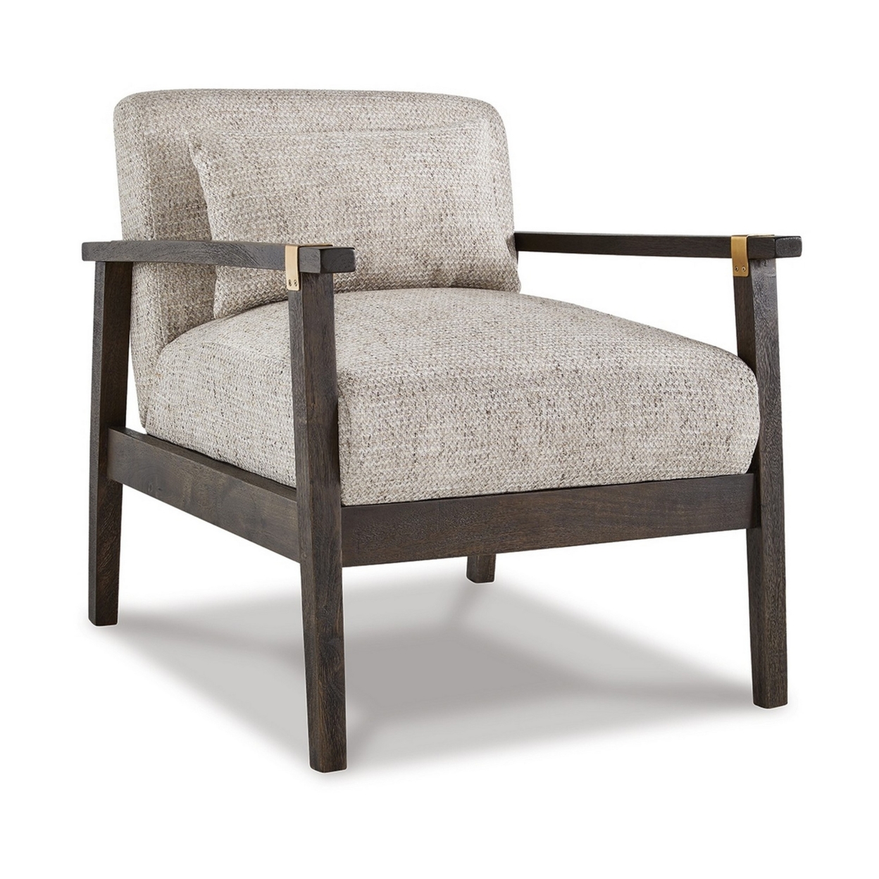 28 Inch Accent Chair, Brown Wood Frame, Beige Toned Herringbone Polyester- Saltoro Sherpi