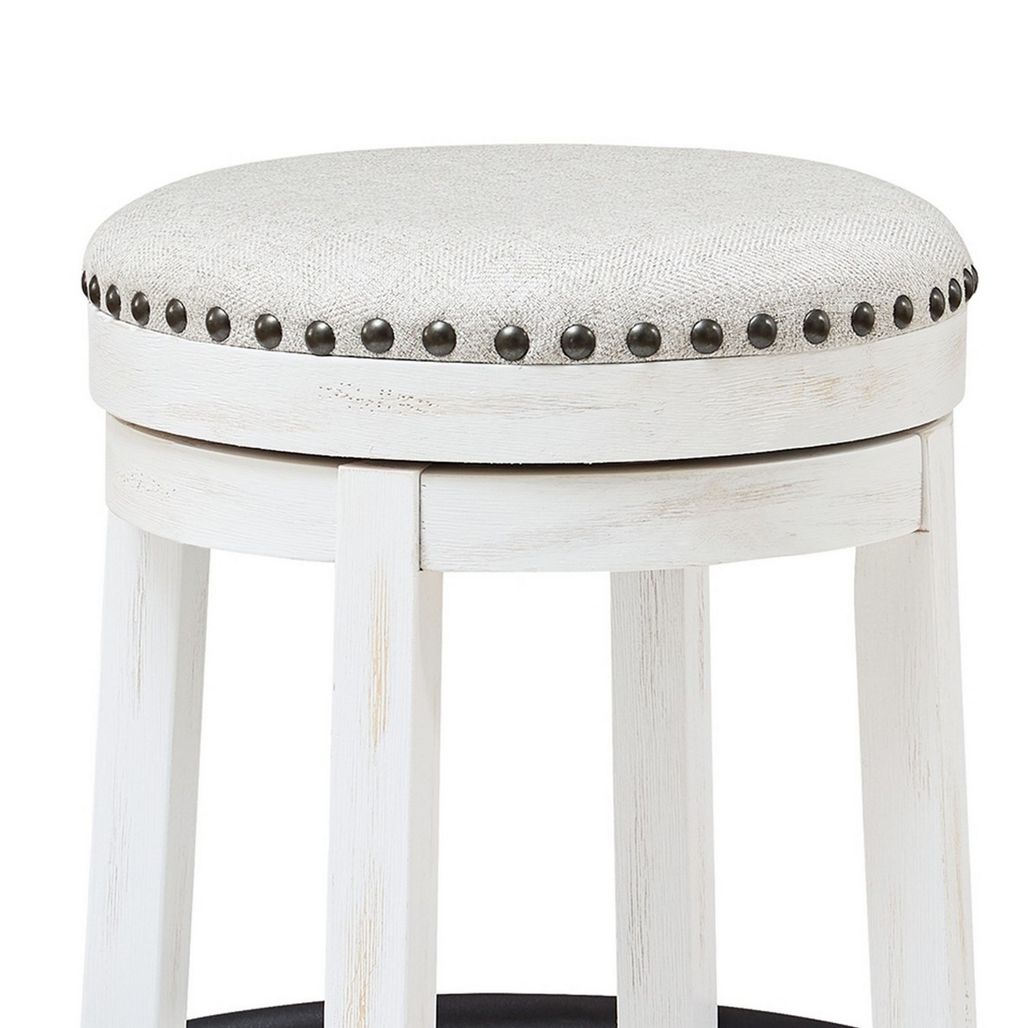 Zane 24 Inch Backless Swivel Counter Stool, Round White Seat, White Wood- Saltoro Sherpi